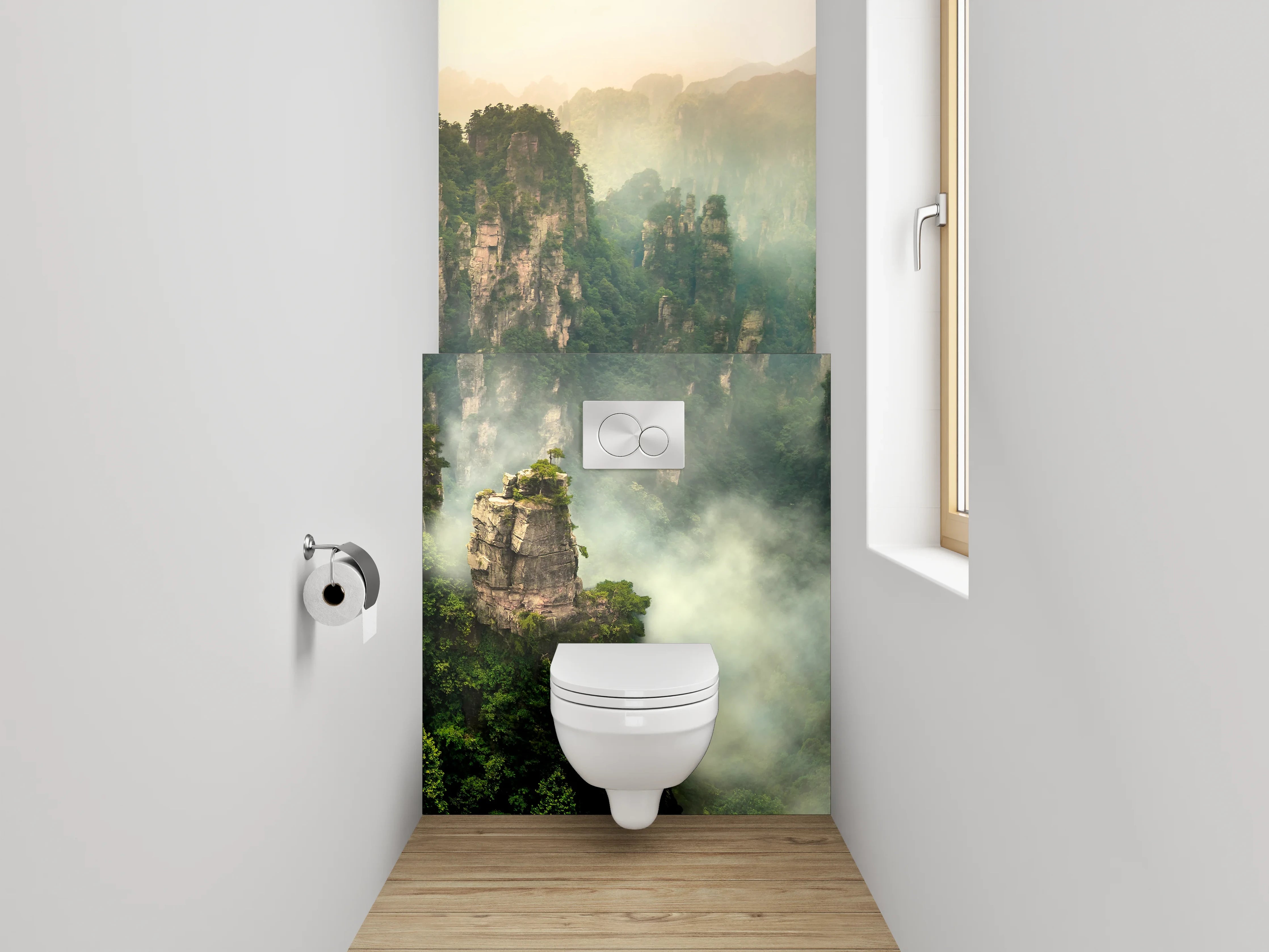 WC-Rückwand - Mystische Felsenlandschaft im Nebel