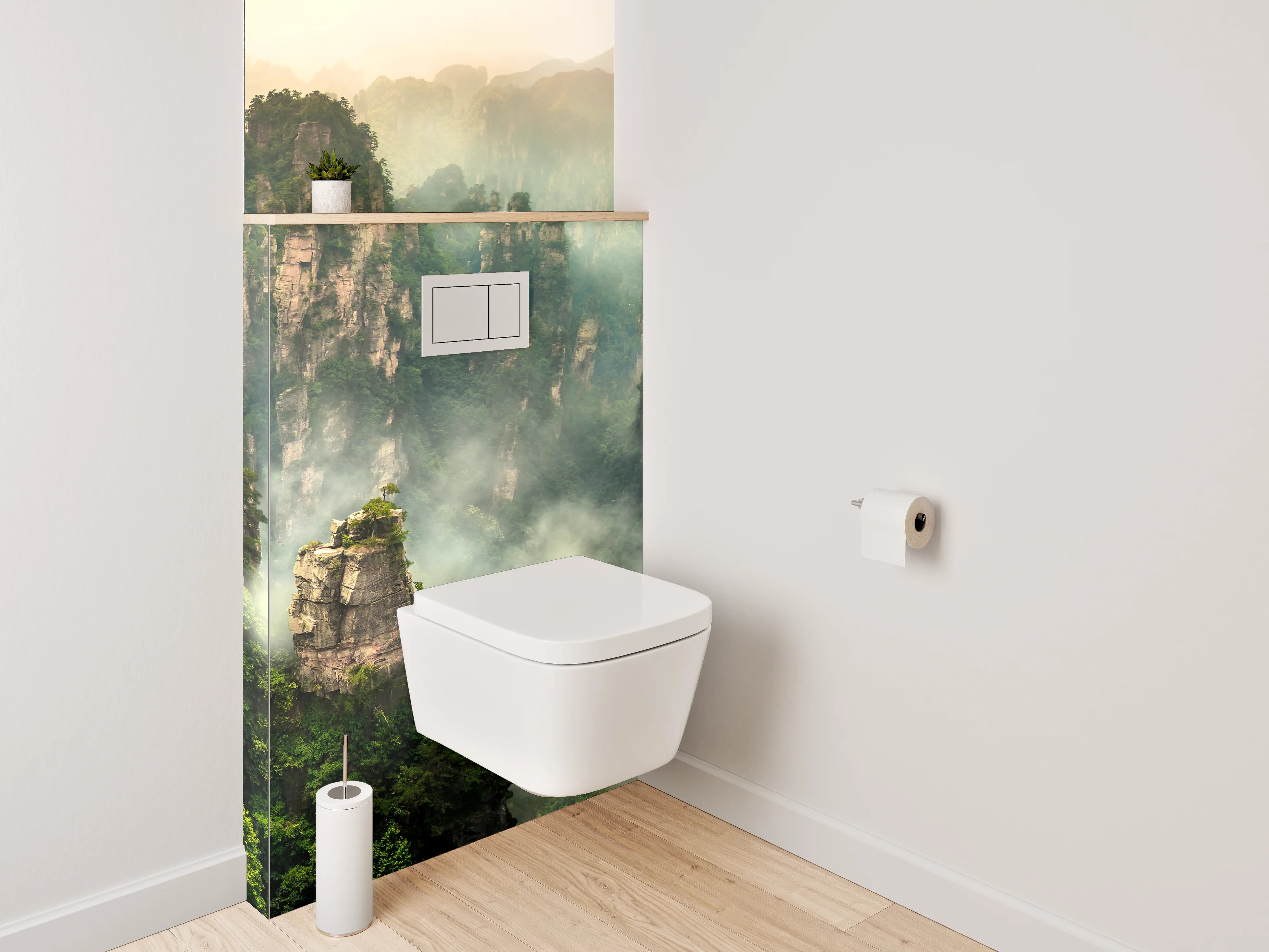 WC-Rückwand - Mystische Felsenlandschaft im Nebel