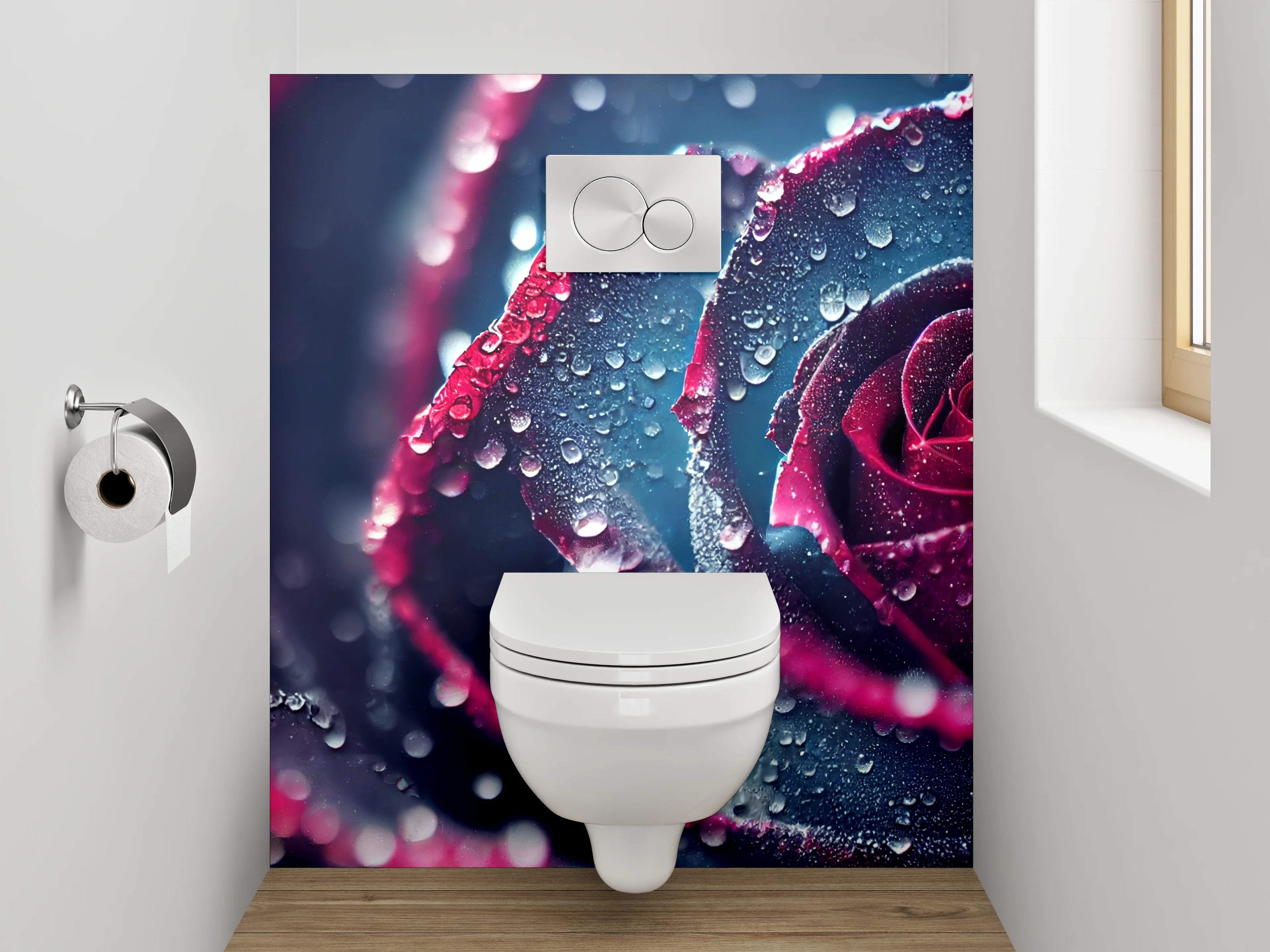 WC-Rückwand - Mystische Rosenblüte mit Tautropfen