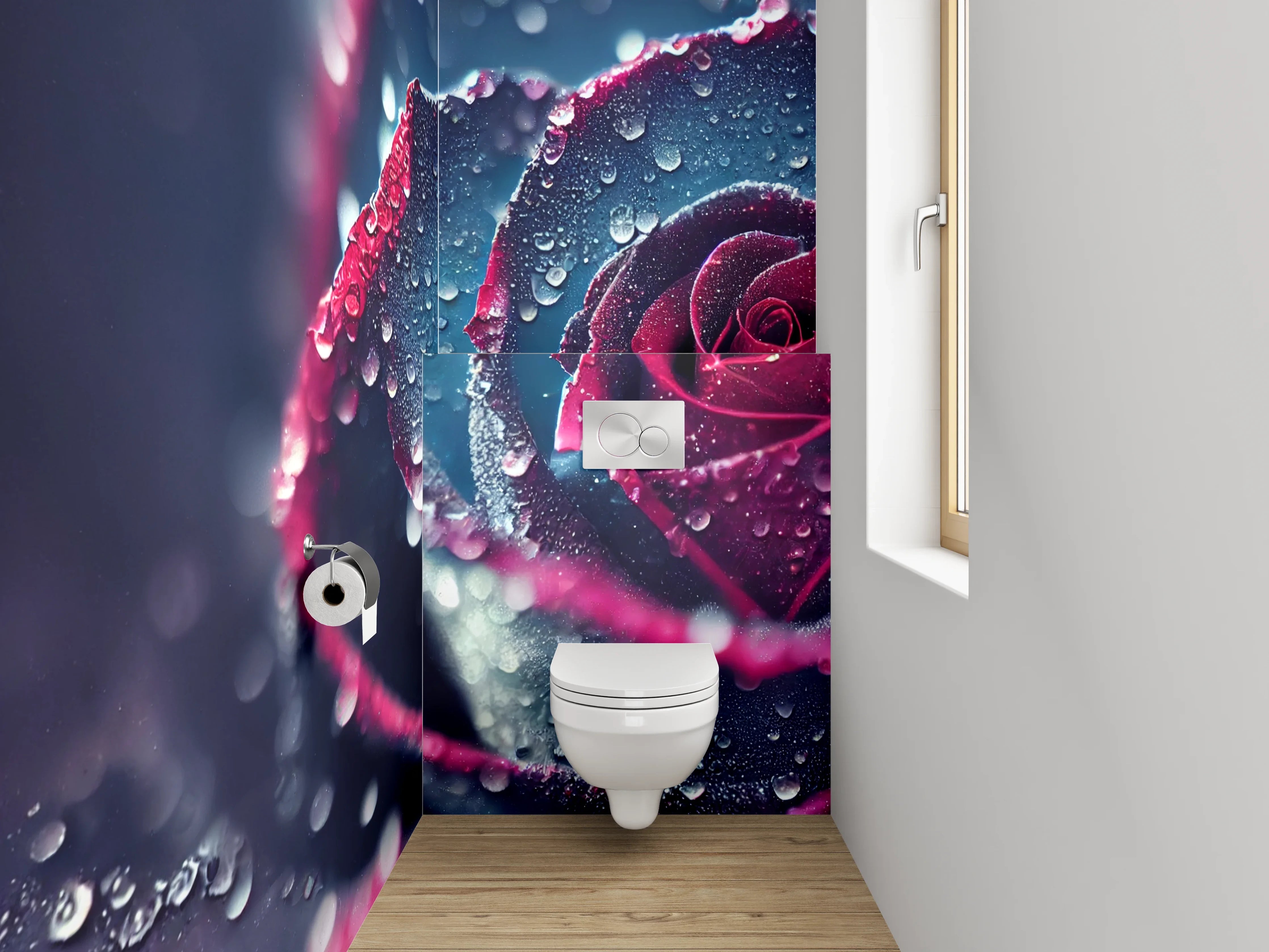 WC-Rückwand - Mystische Rosenblüte mit Tautropfen