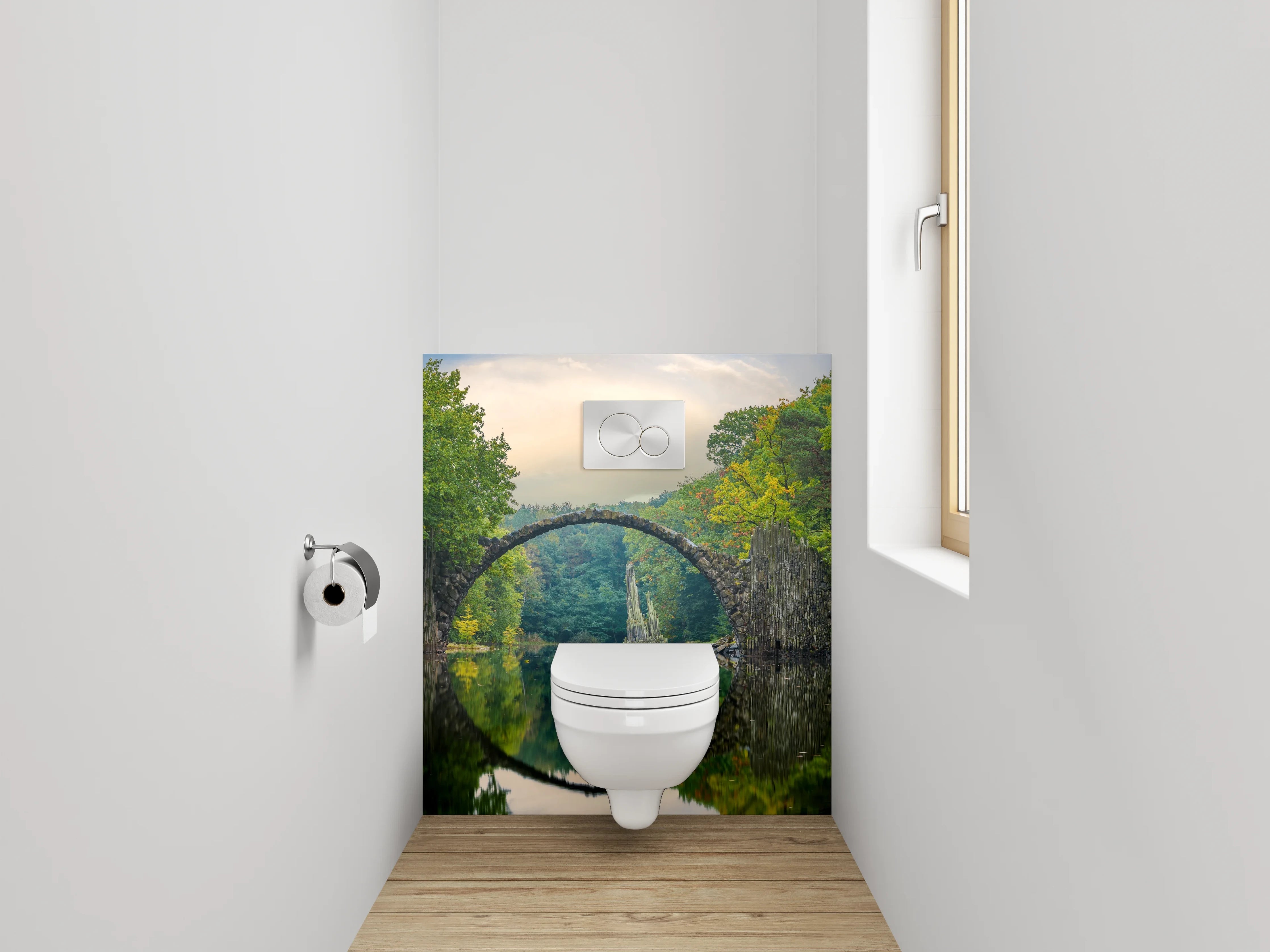 WC-Rückwand - Mystische Steinbrücke im Grünen