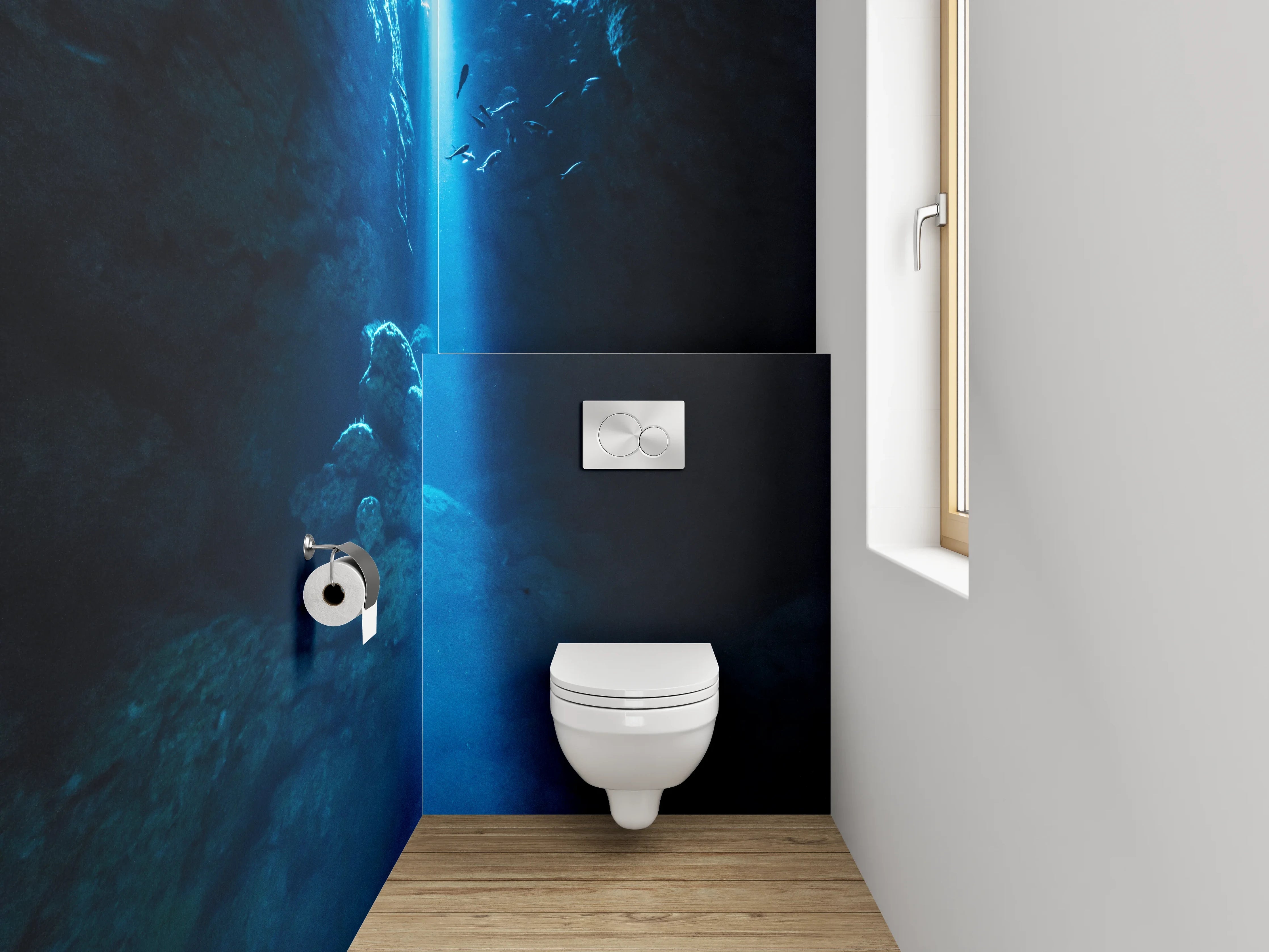 WC-Rückwand - Mystische Unterwasserhöhle Lichtstrahl