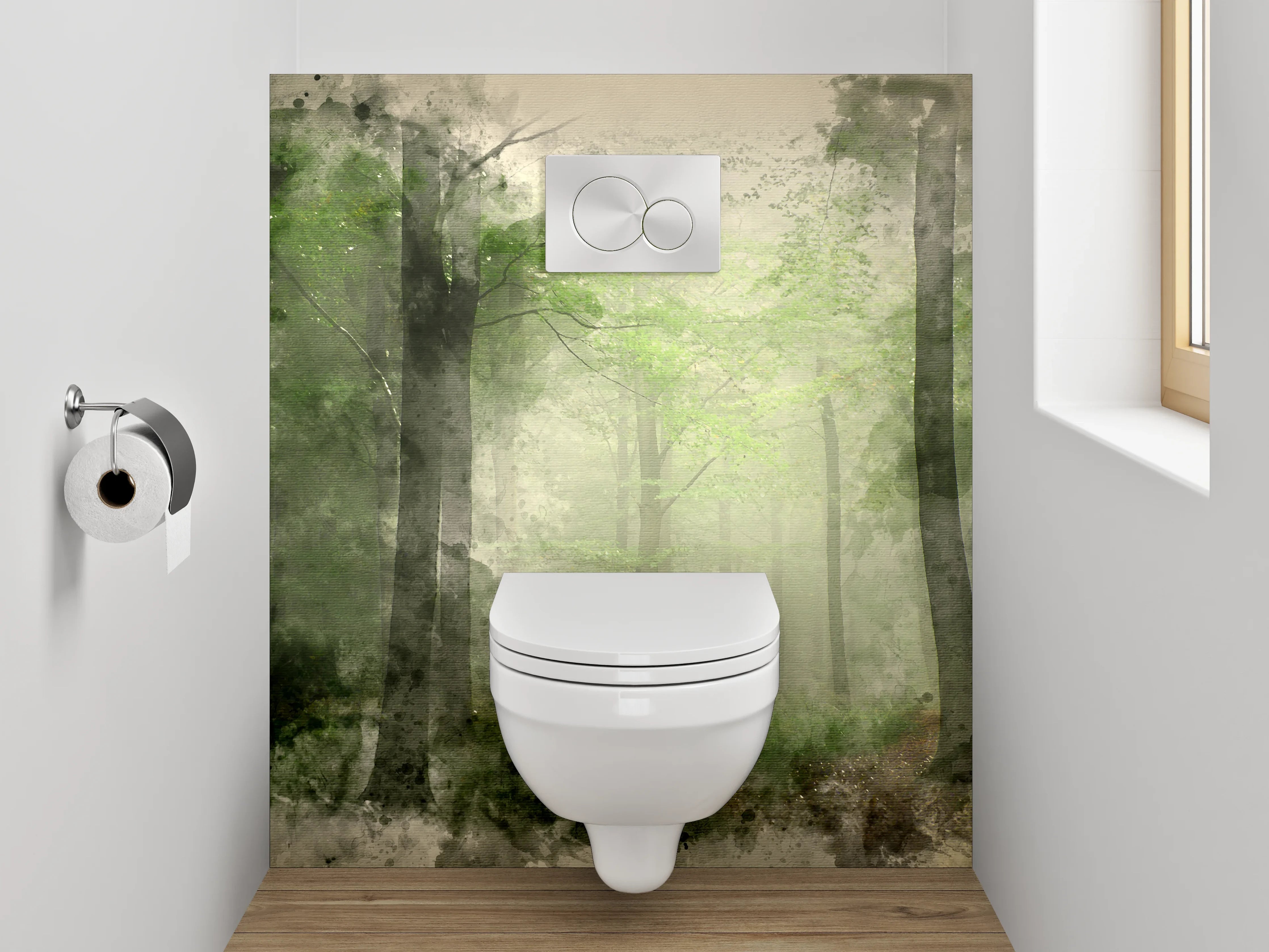 WC-Rückwand - Mystischer Aquarell-Wald Grün Grau