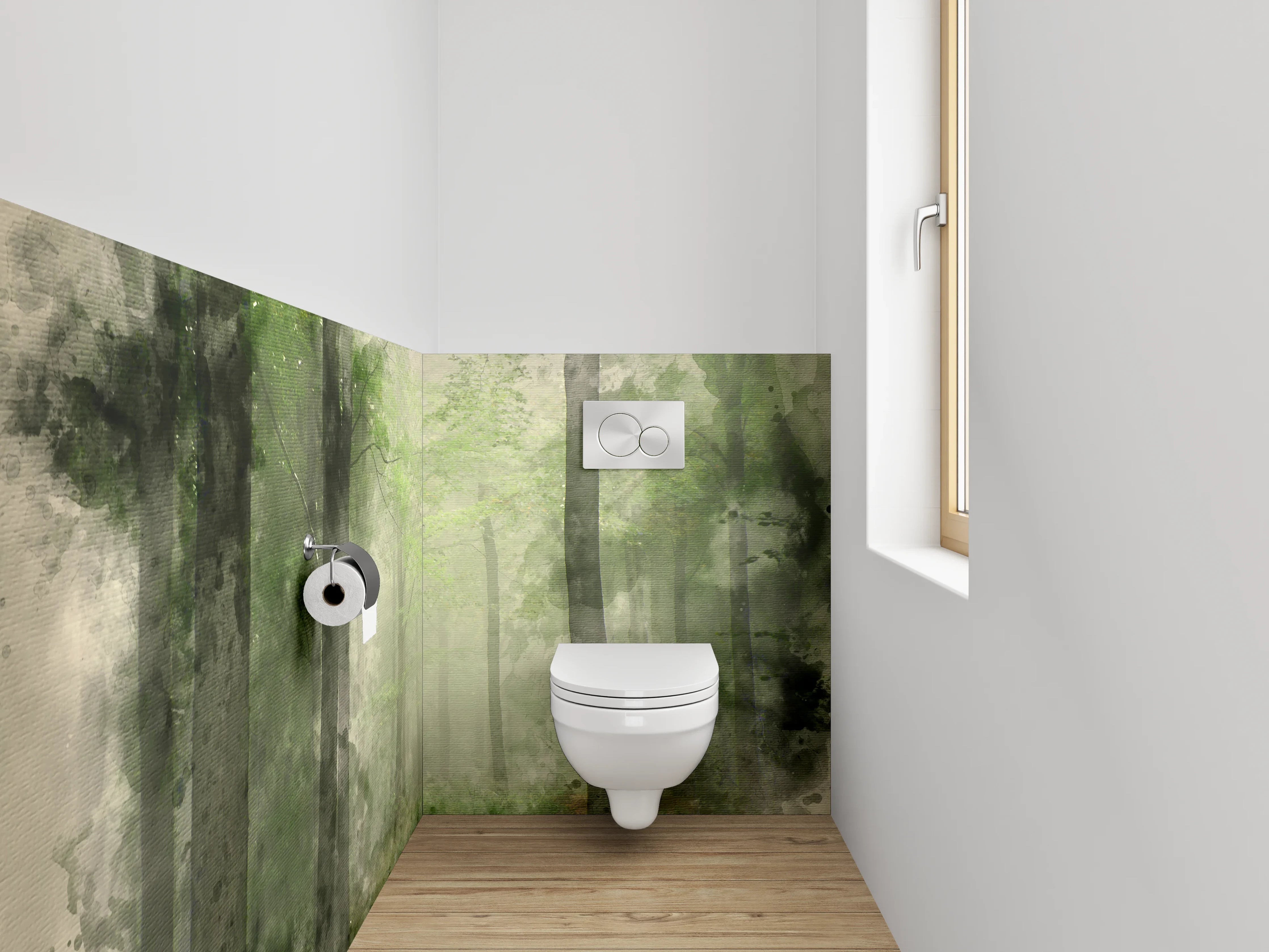 WC-Rückwand - Mystischer Aquarell-Wald Grün Grau