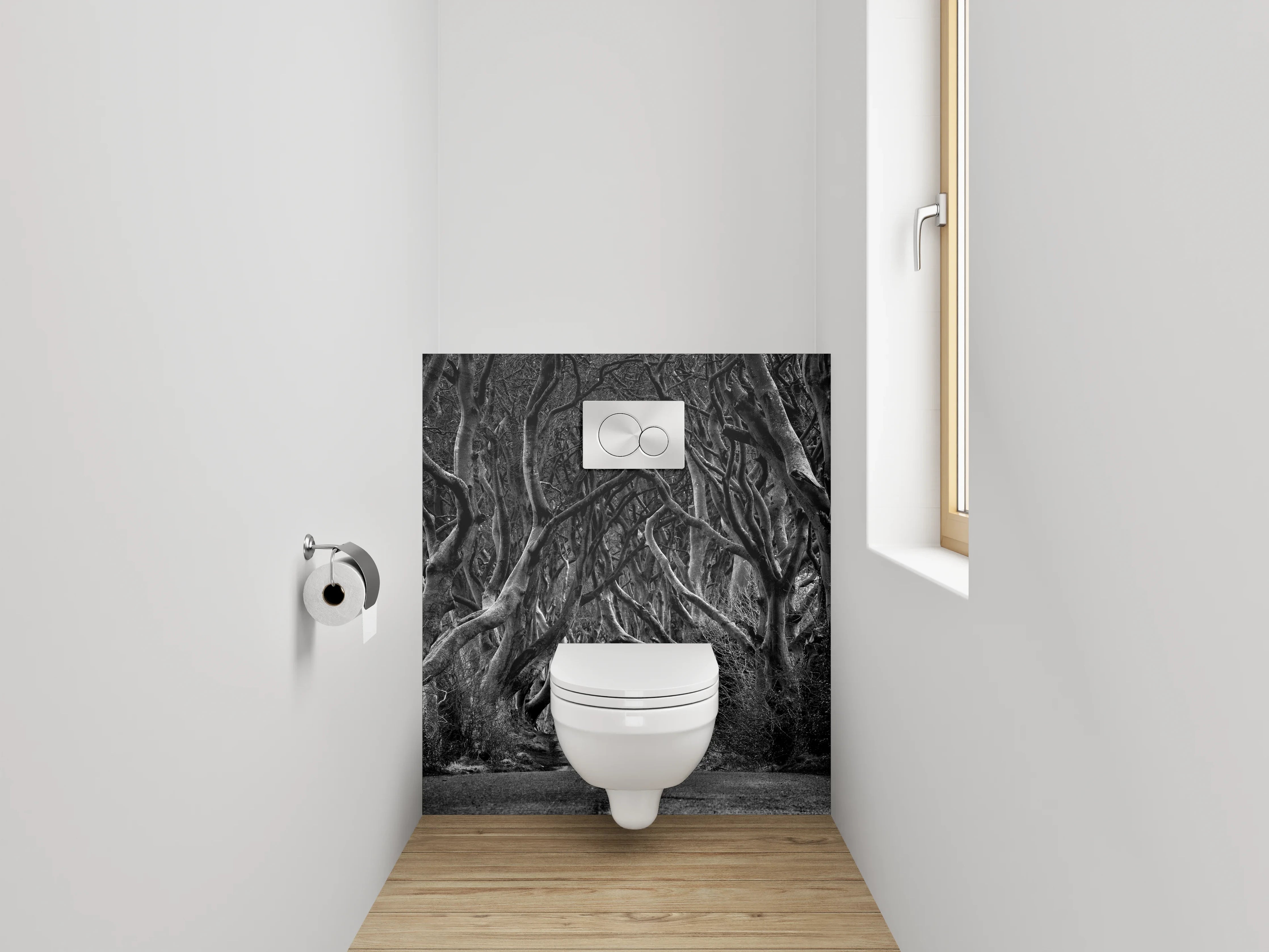 WC-Rückwand - Mystischer Baumtunnel in Schwarz-Weiß