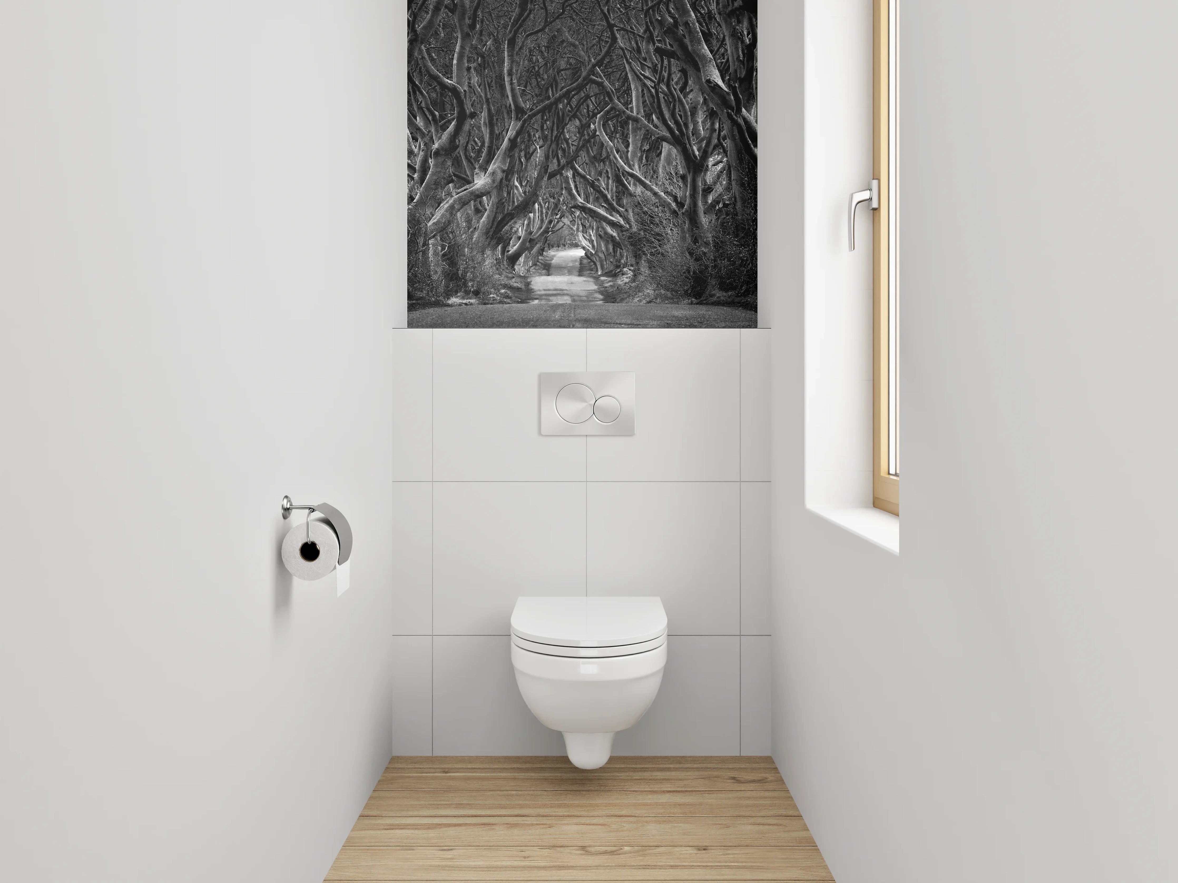 WC-Rückwand - Mystischer Baumtunnel in Schwarz-Weiß