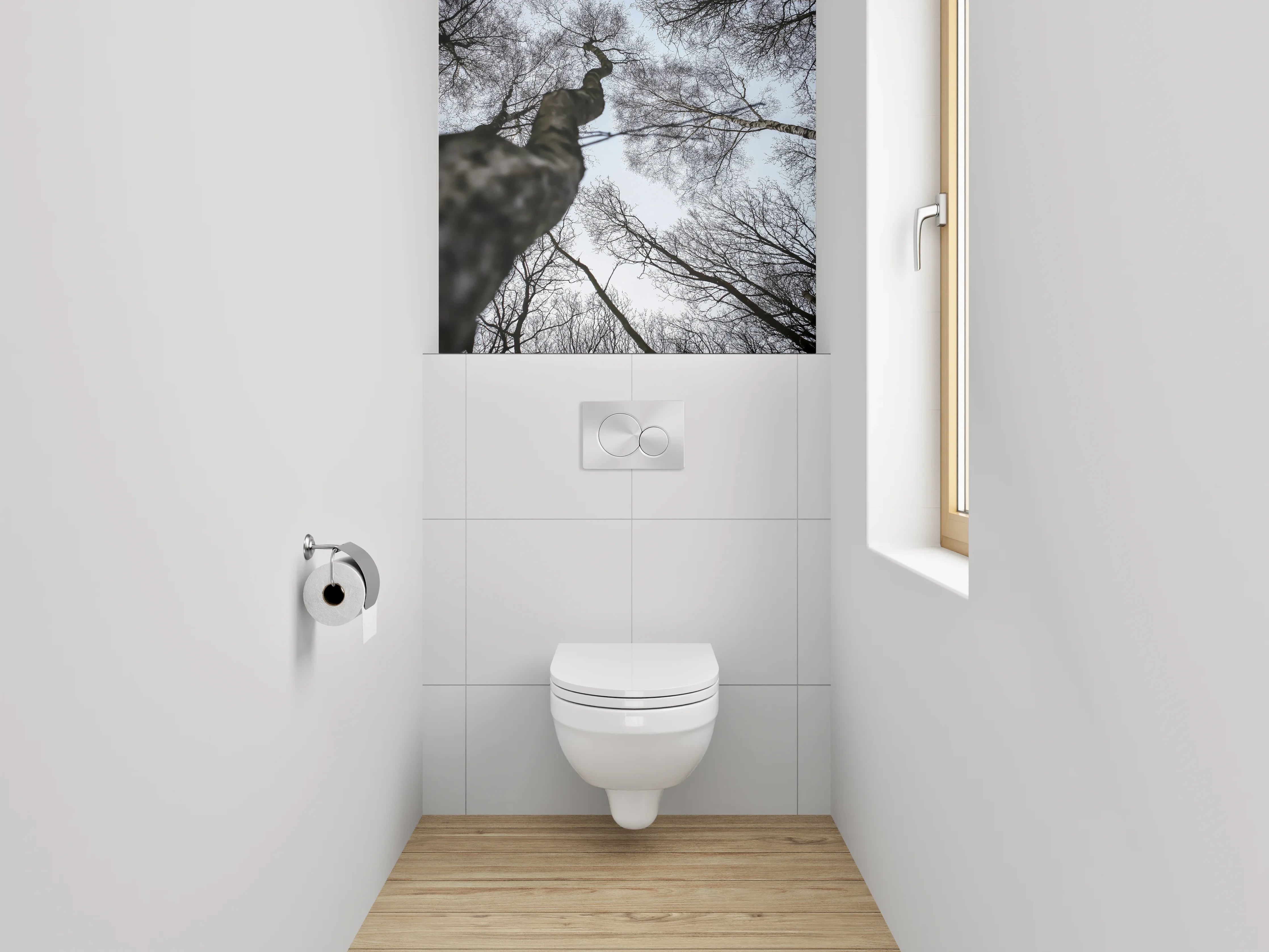 WC-Rückwand - Mystischer Blick in kahle Baumwipfel