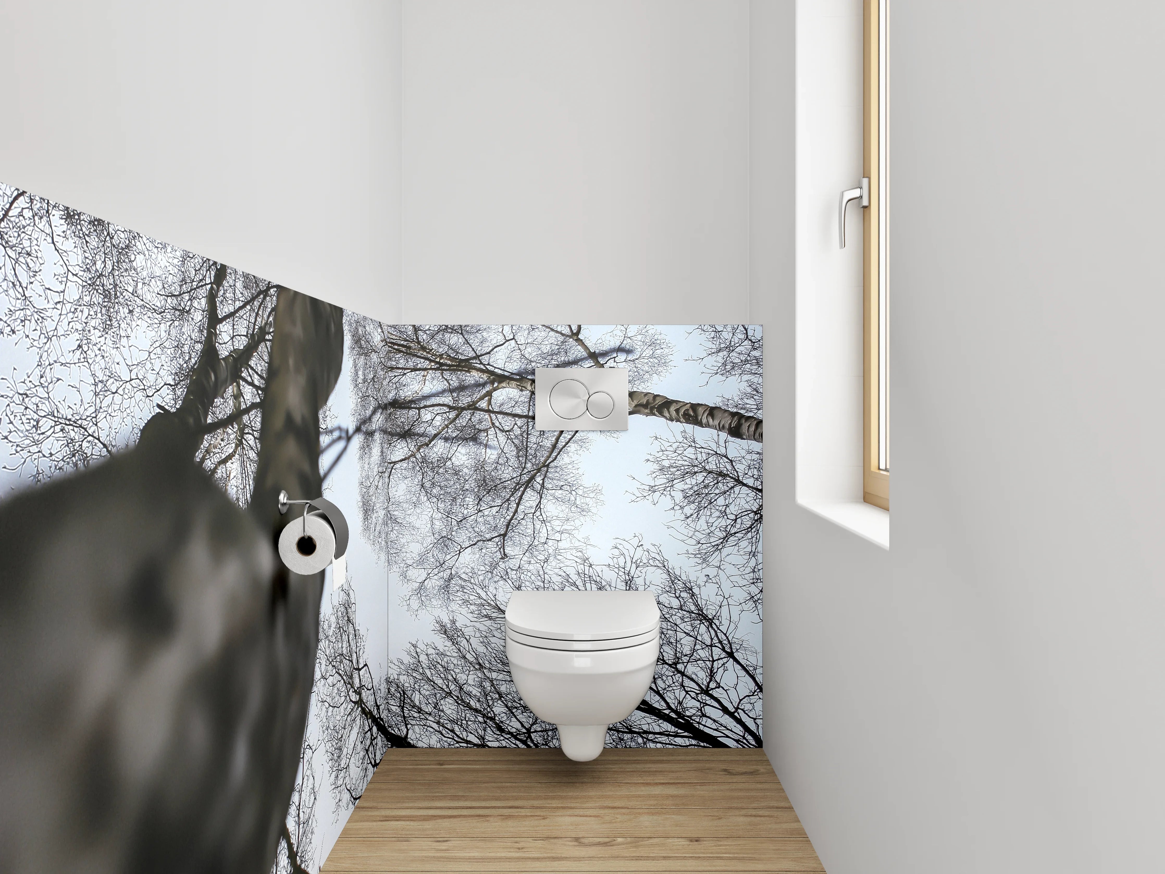 WC-Rückwand - Mystischer Blick in kahle Baumwipfel