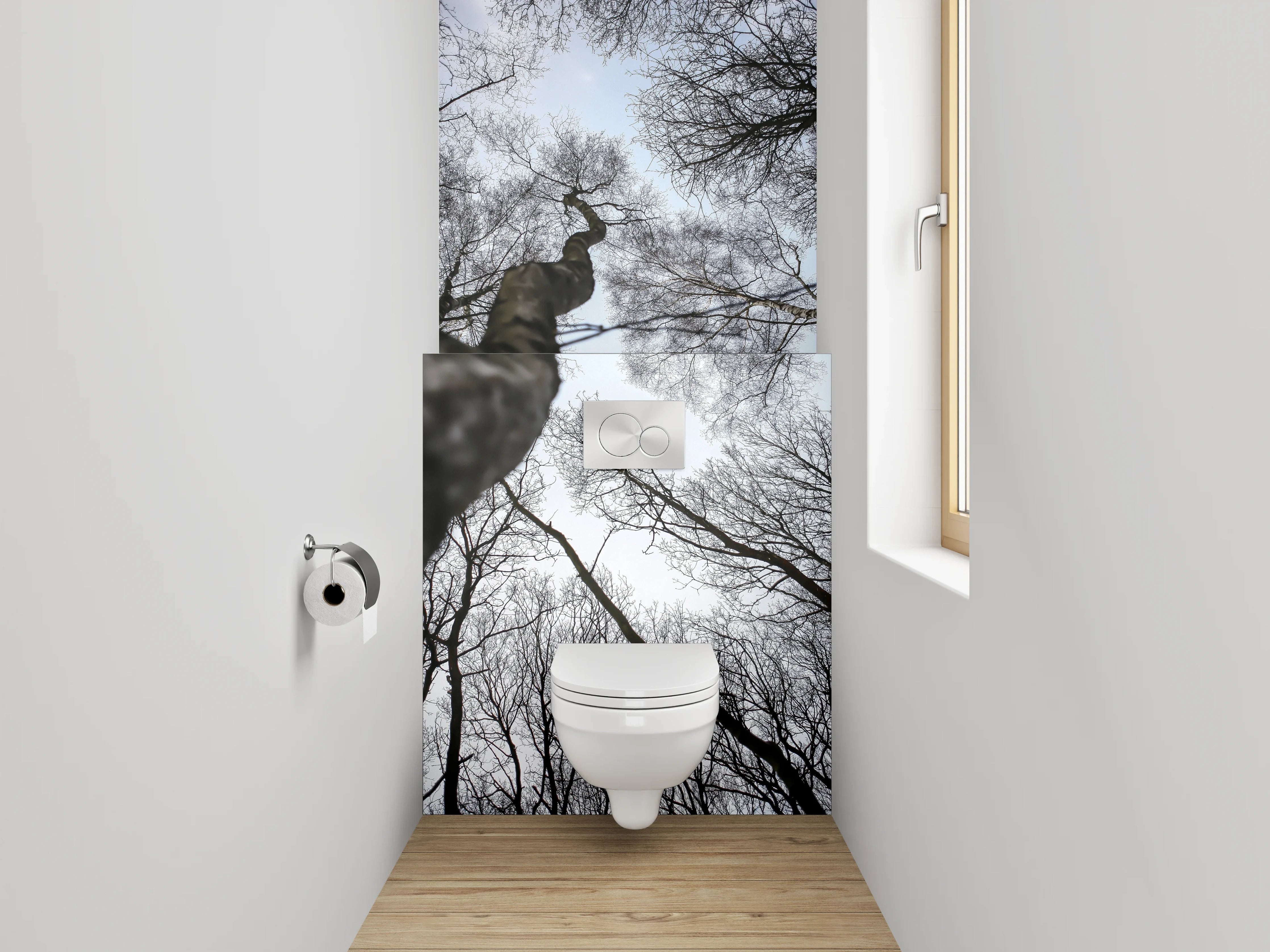 WC-Rückwand - Mystischer Blick in kahle Baumwipfel