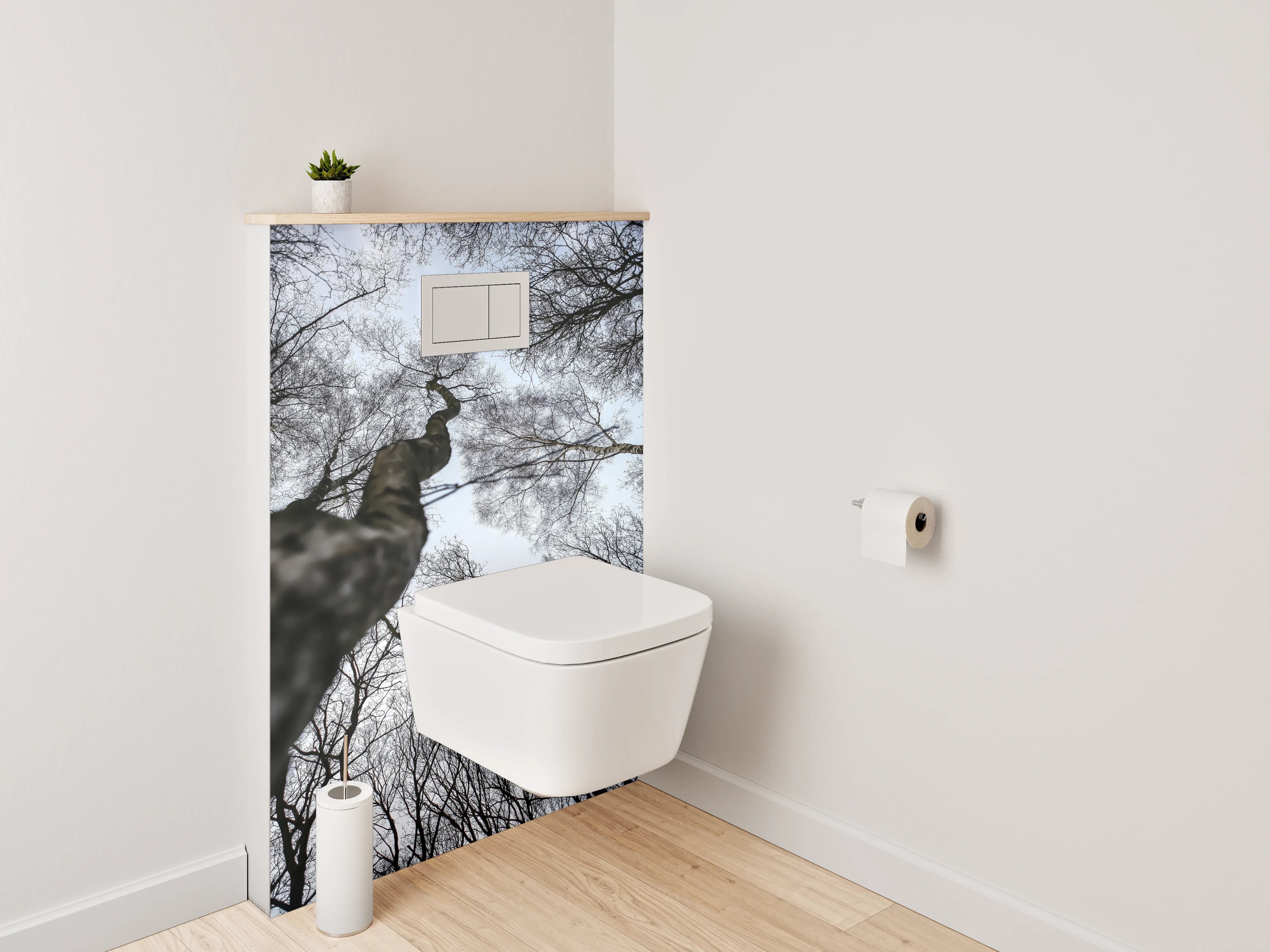 WC-Rückwand - Mystischer Blick in kahle Baumwipfel