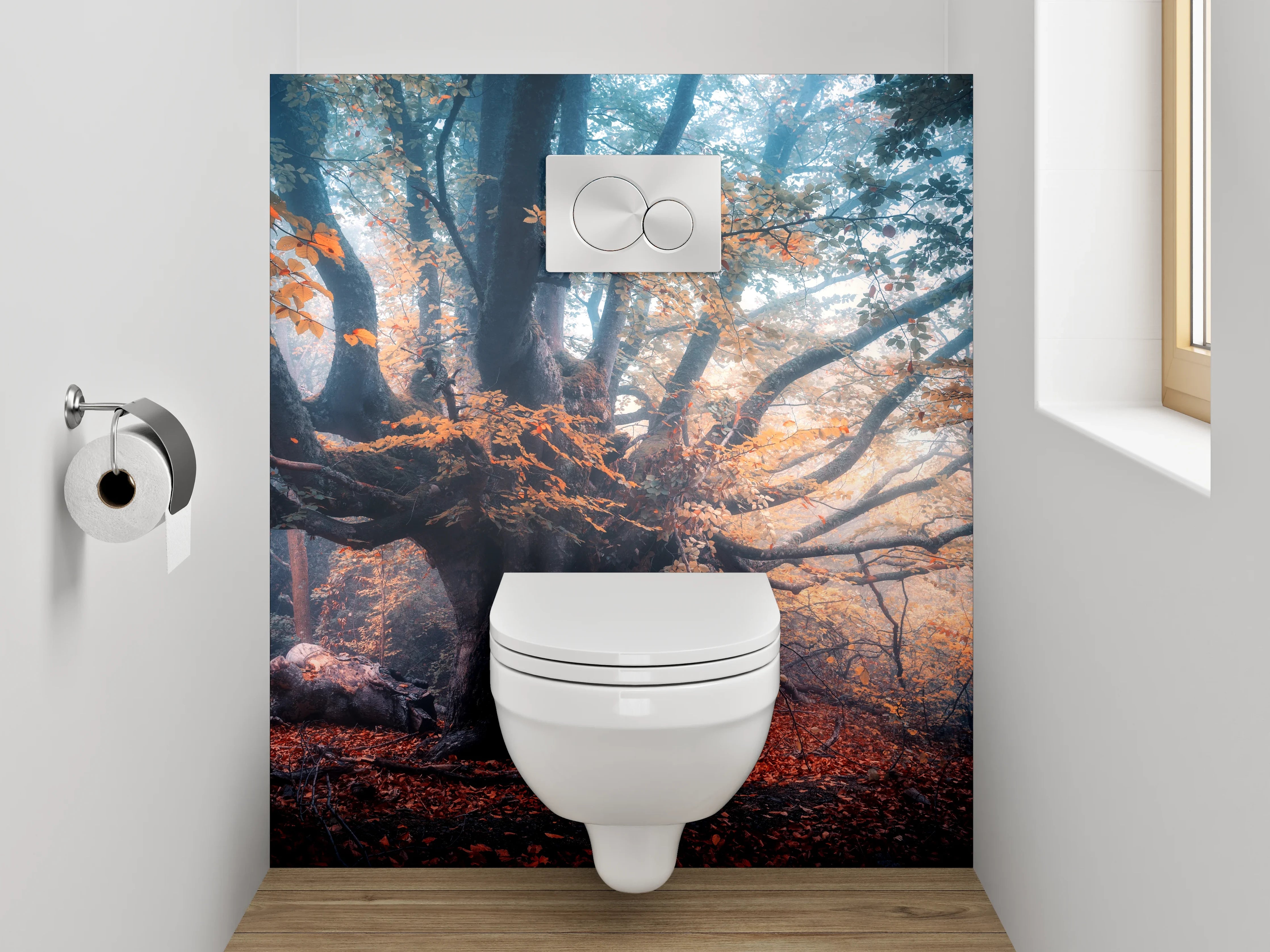 WC-Rückwand - Mystischer Herbstbaum im Nebelwald