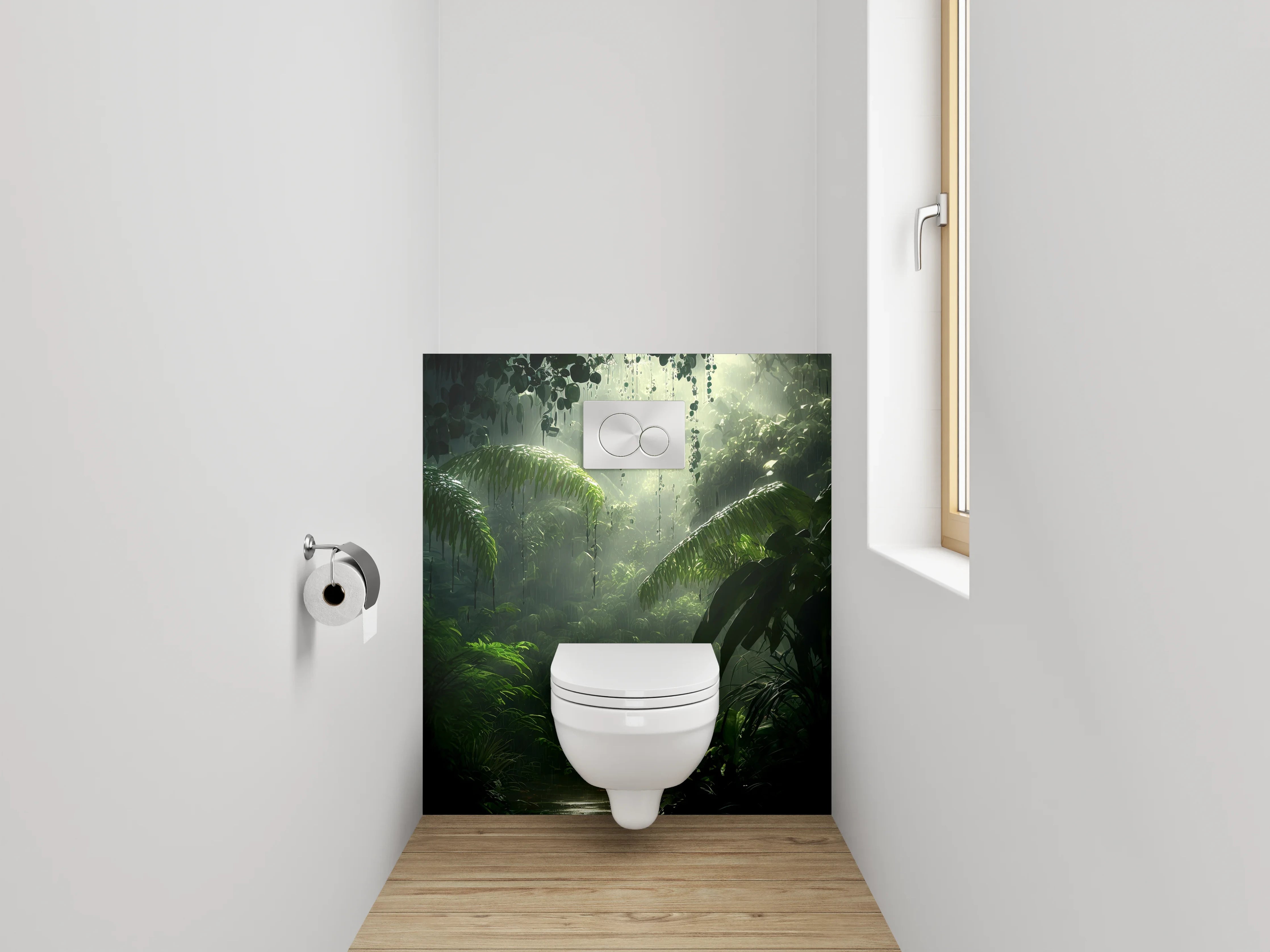 WC-Rückwand - Mystischer Regenwald Dschungel Lichtstrahlen