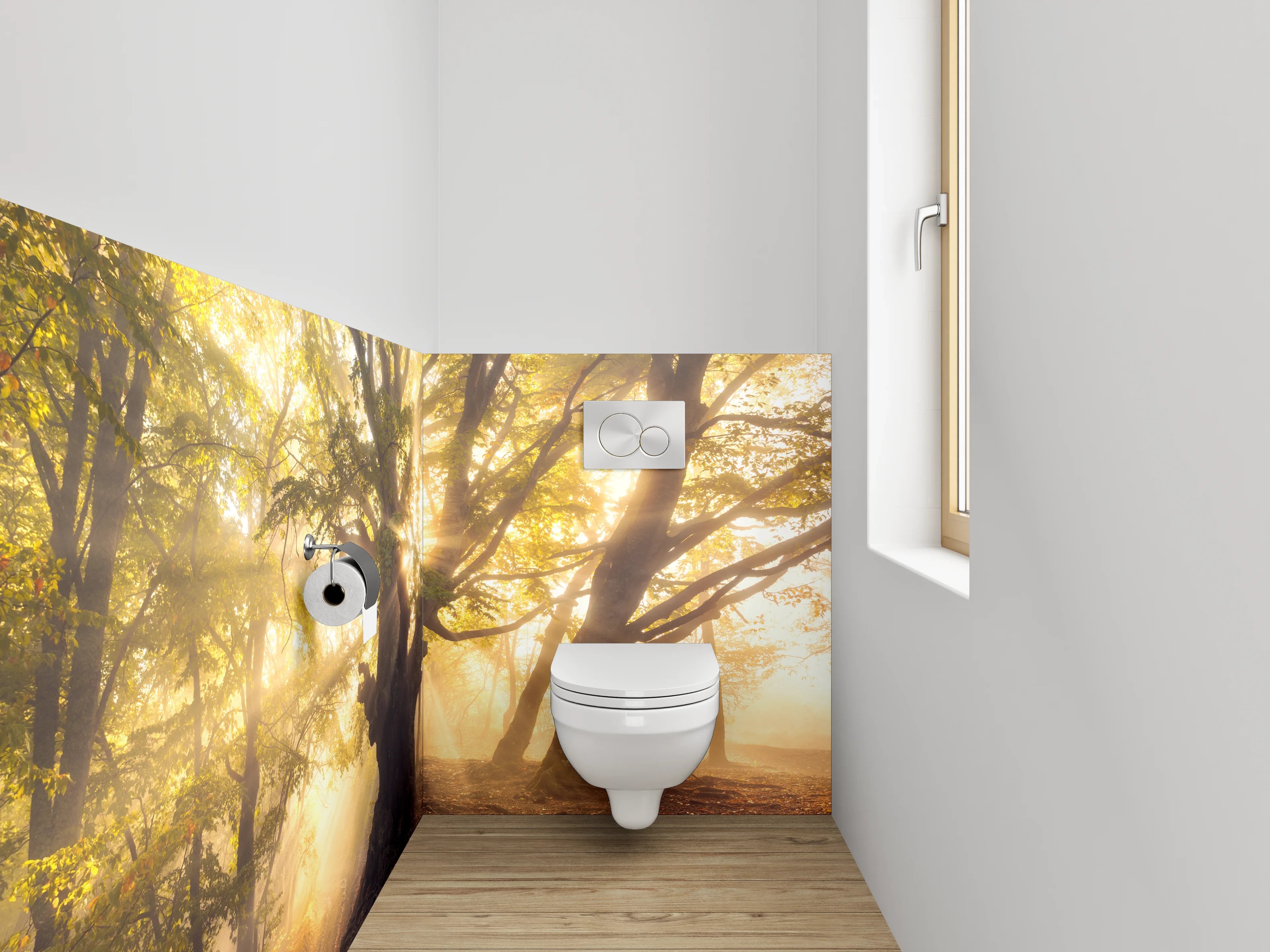 WC-Rückwand - Mystischer Sonnenwald – Morgenlicht