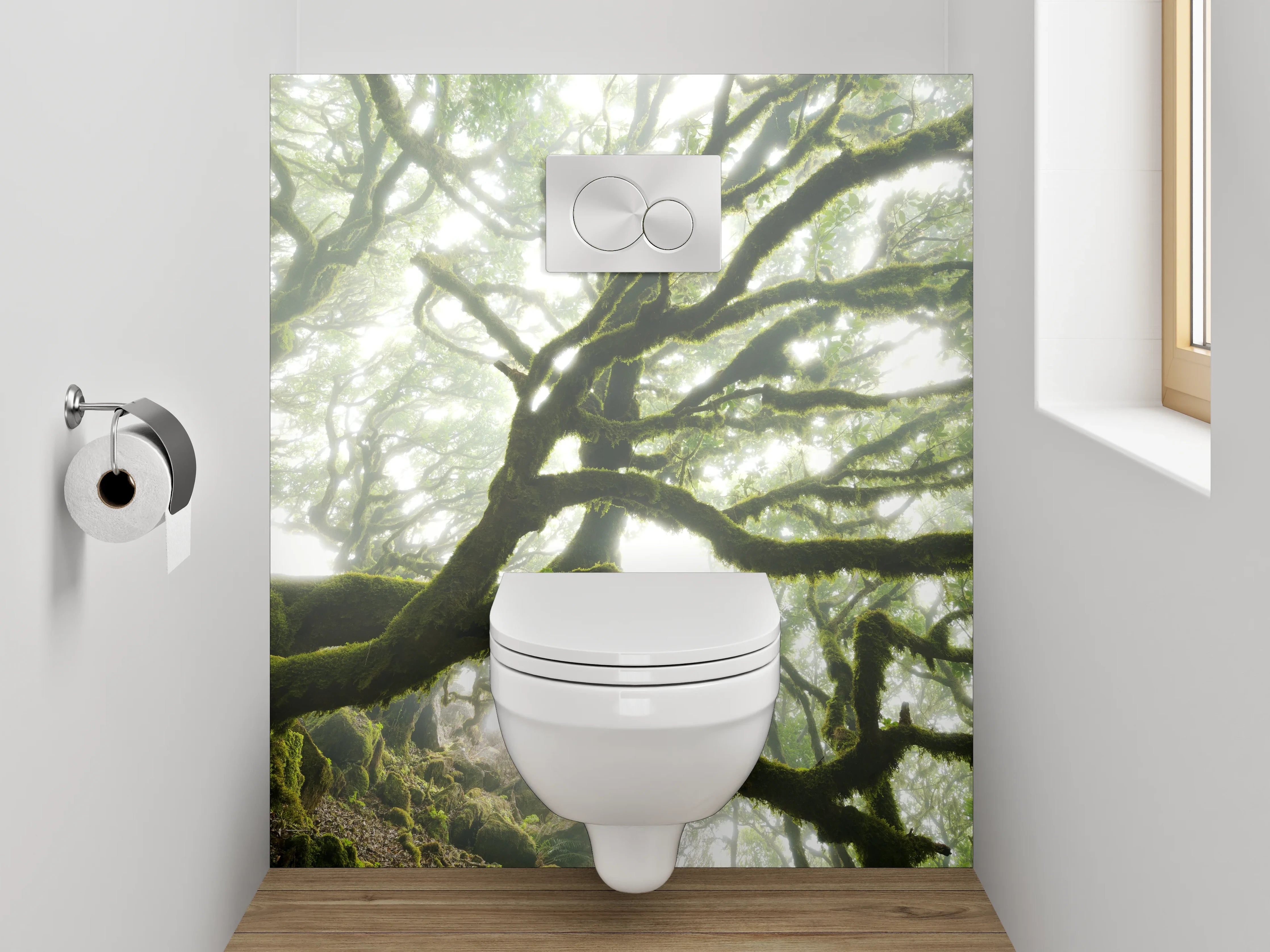 WC-Rückwand - Mystischer Wald im Morgendunst