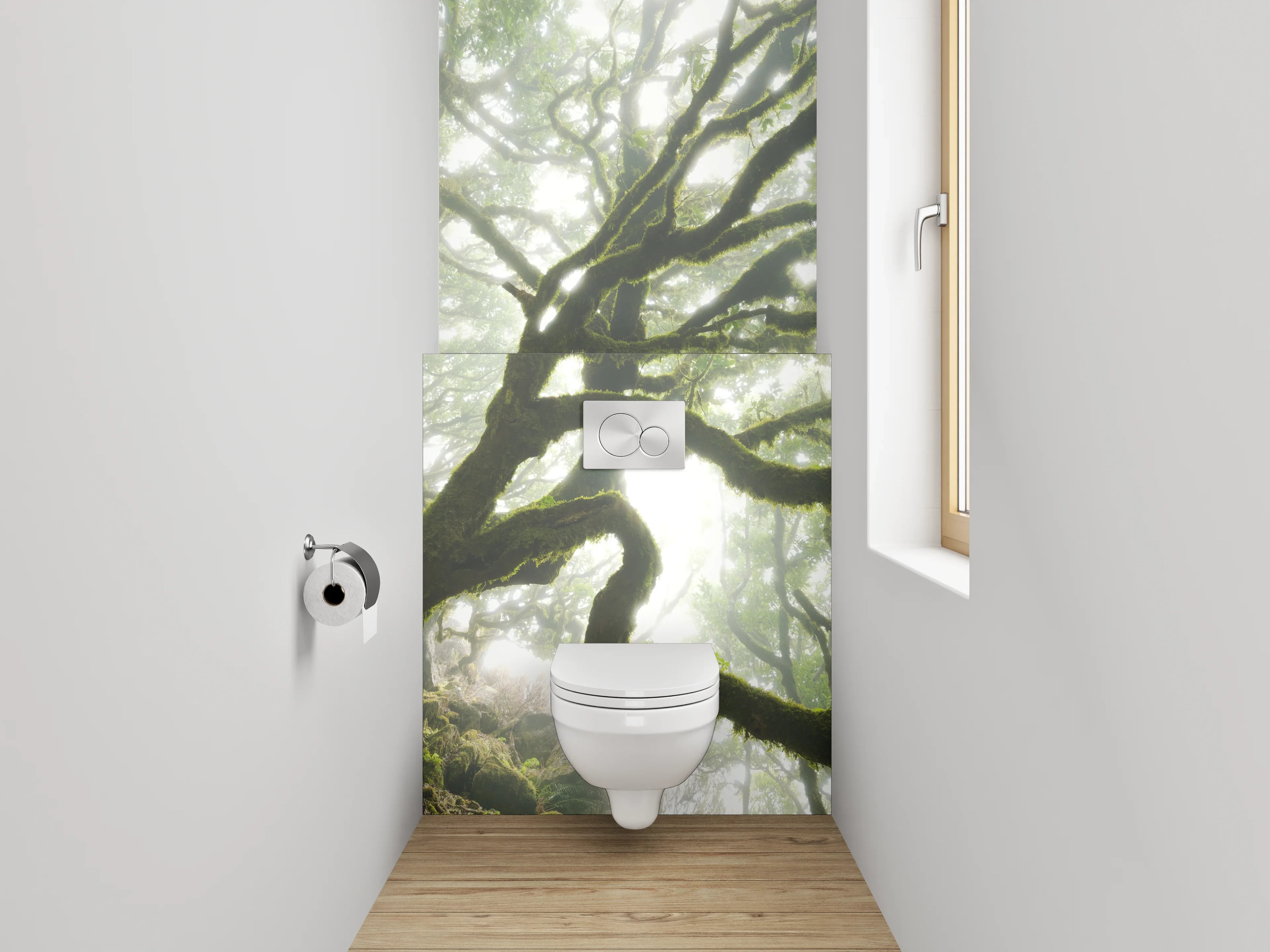 WC-Rückwand - Mystischer Wald im Morgendunst