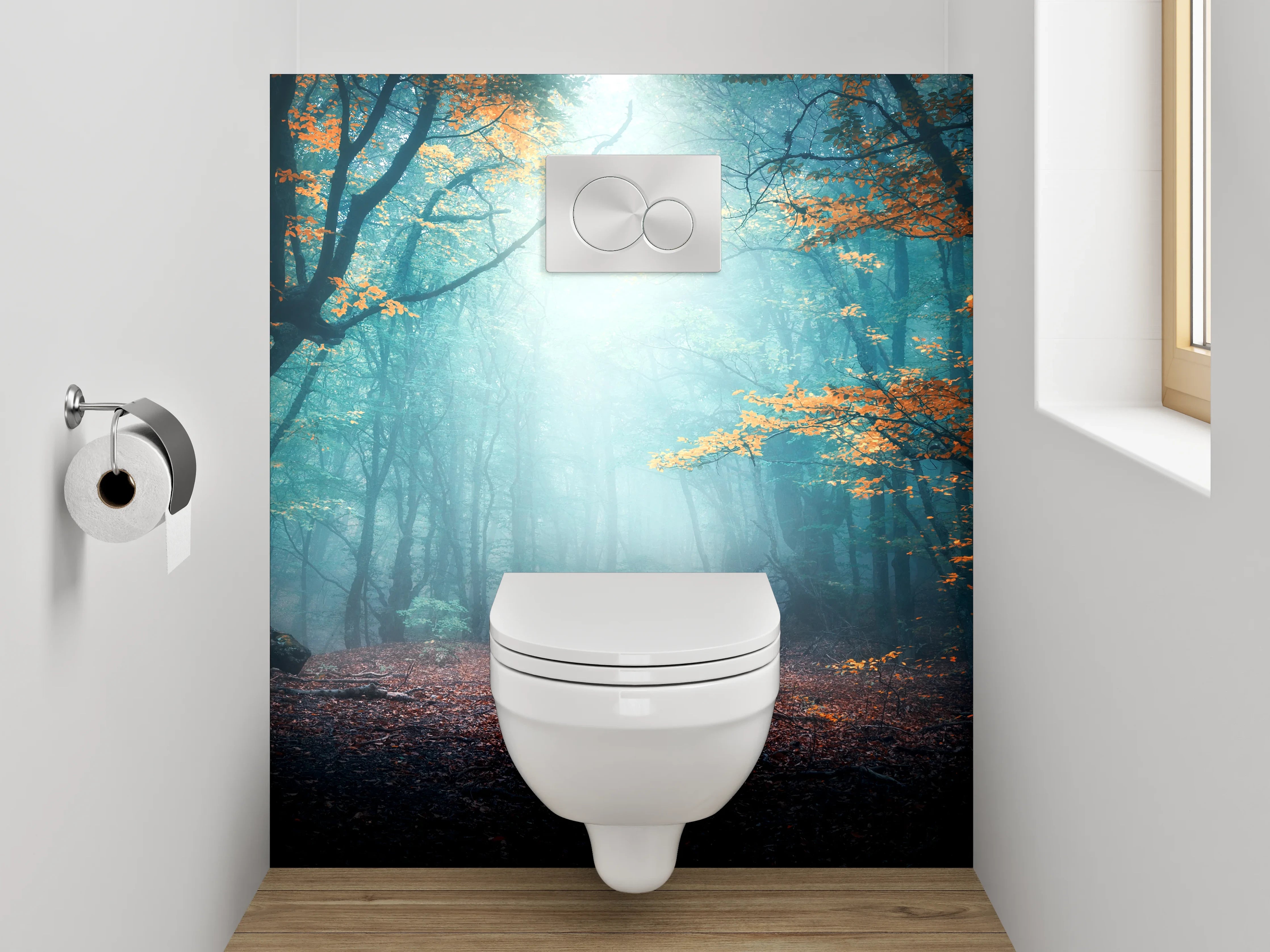 WC-Rückwand - Mystischer Wald im Morgenlicht