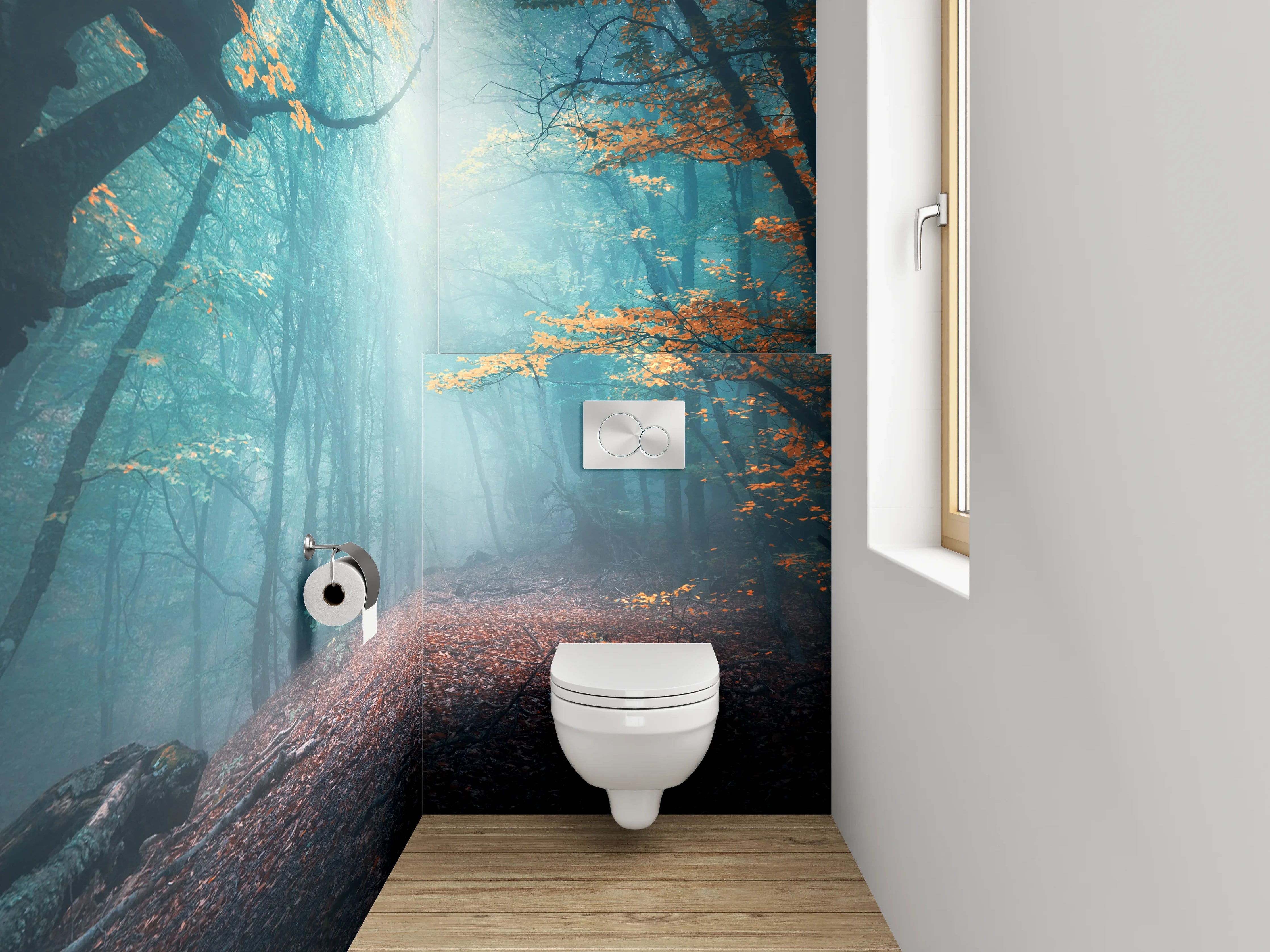 WC-Rückwand - Mystischer Wald im Morgenlicht