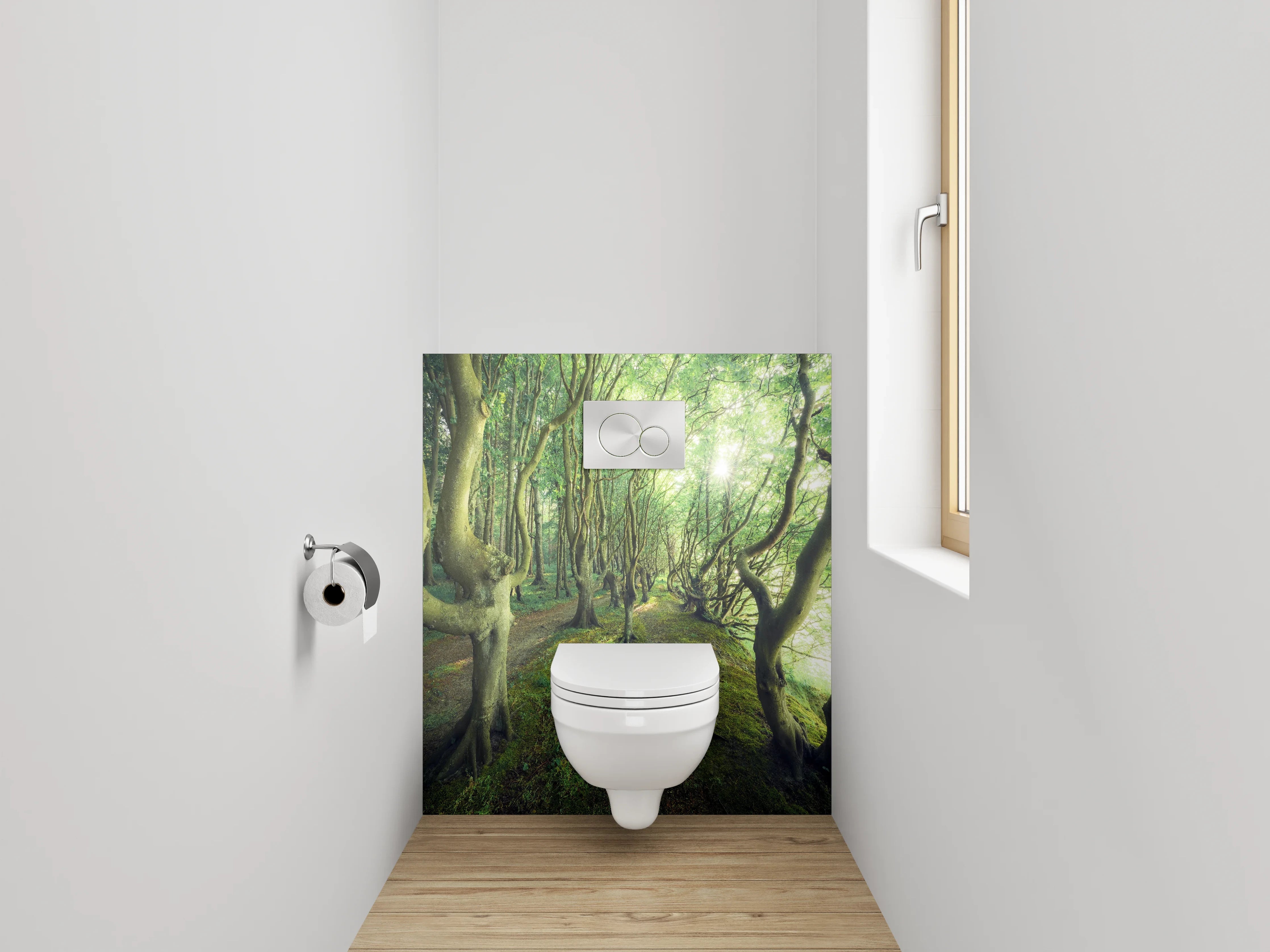 WC-Rückwand - Mystischer Wald im Sonnenlicht