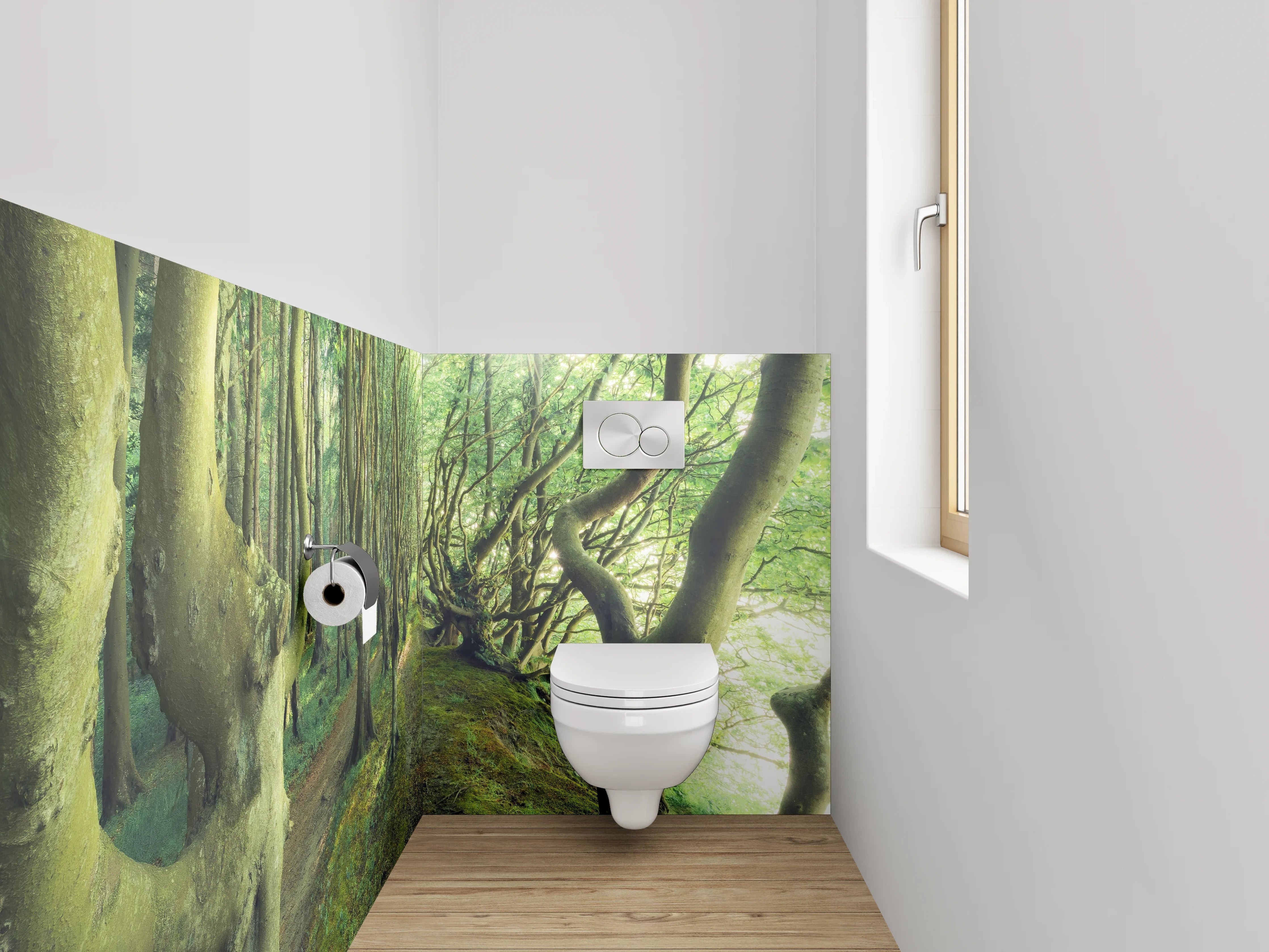 WC-Rückwand - Mystischer Wald im Sonnenlicht
