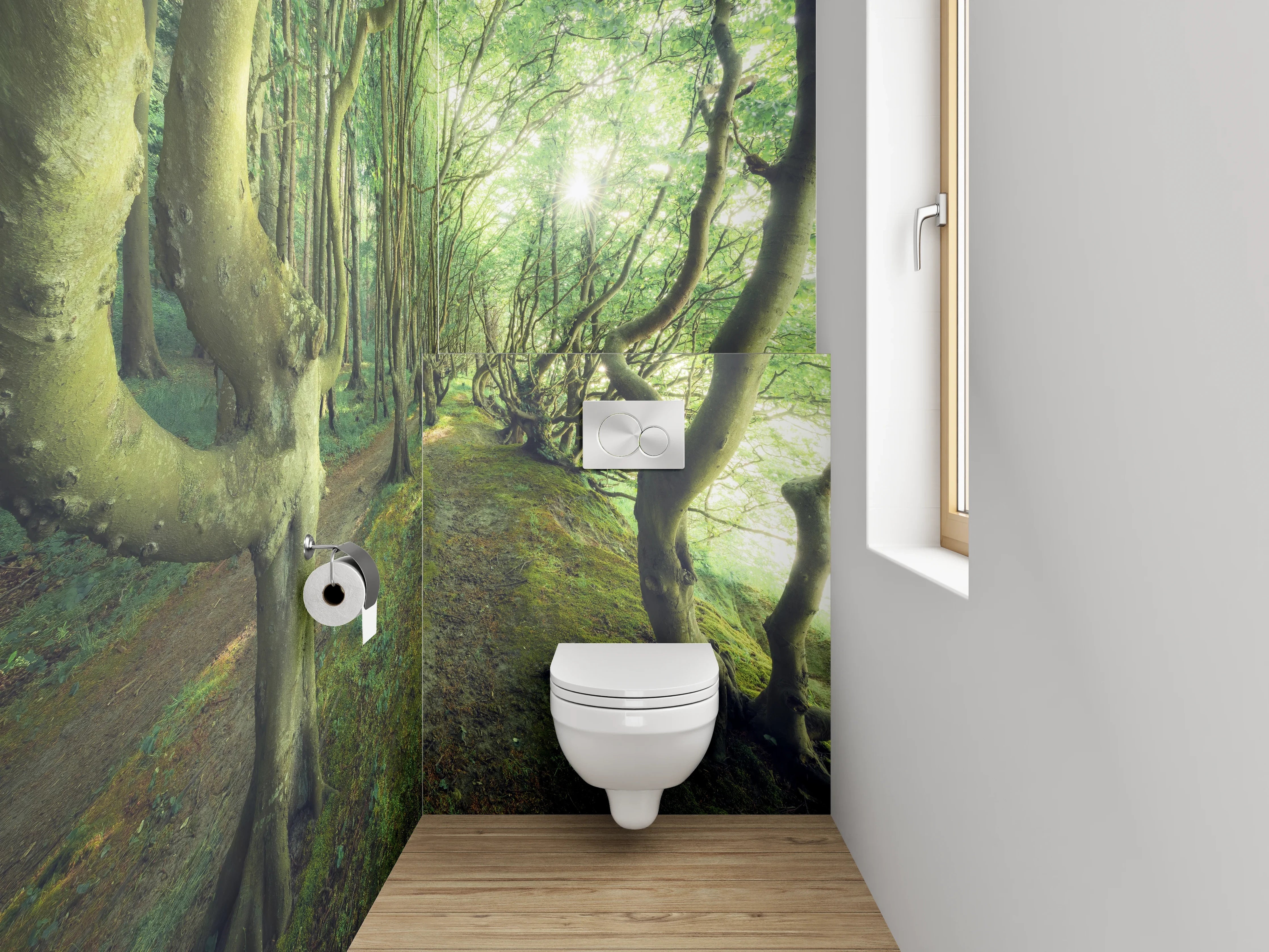WC-Rückwand - Mystischer Wald im Sonnenlicht