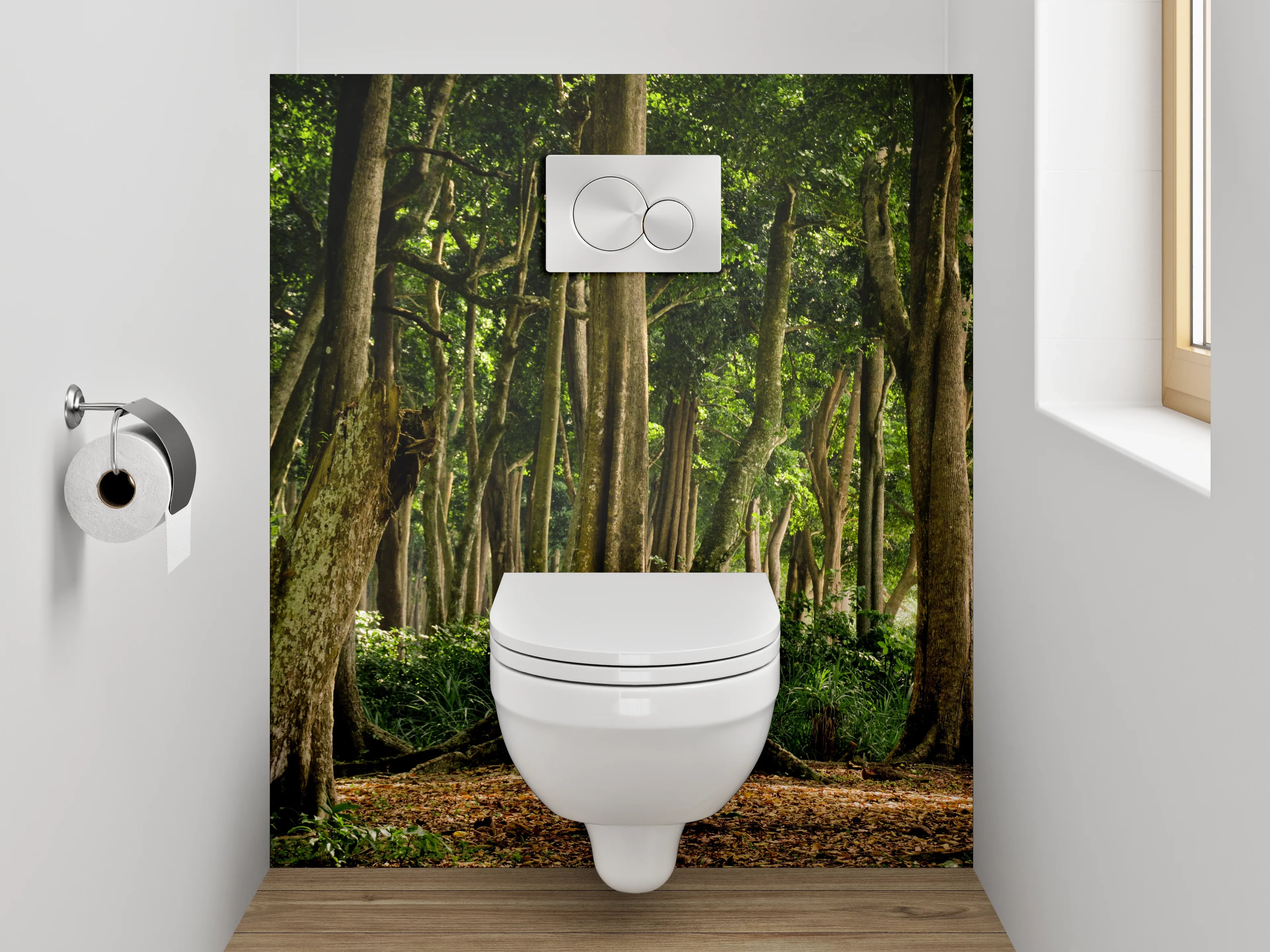 WC-Rückwand - Mystischer Wald im Sonnenschein
