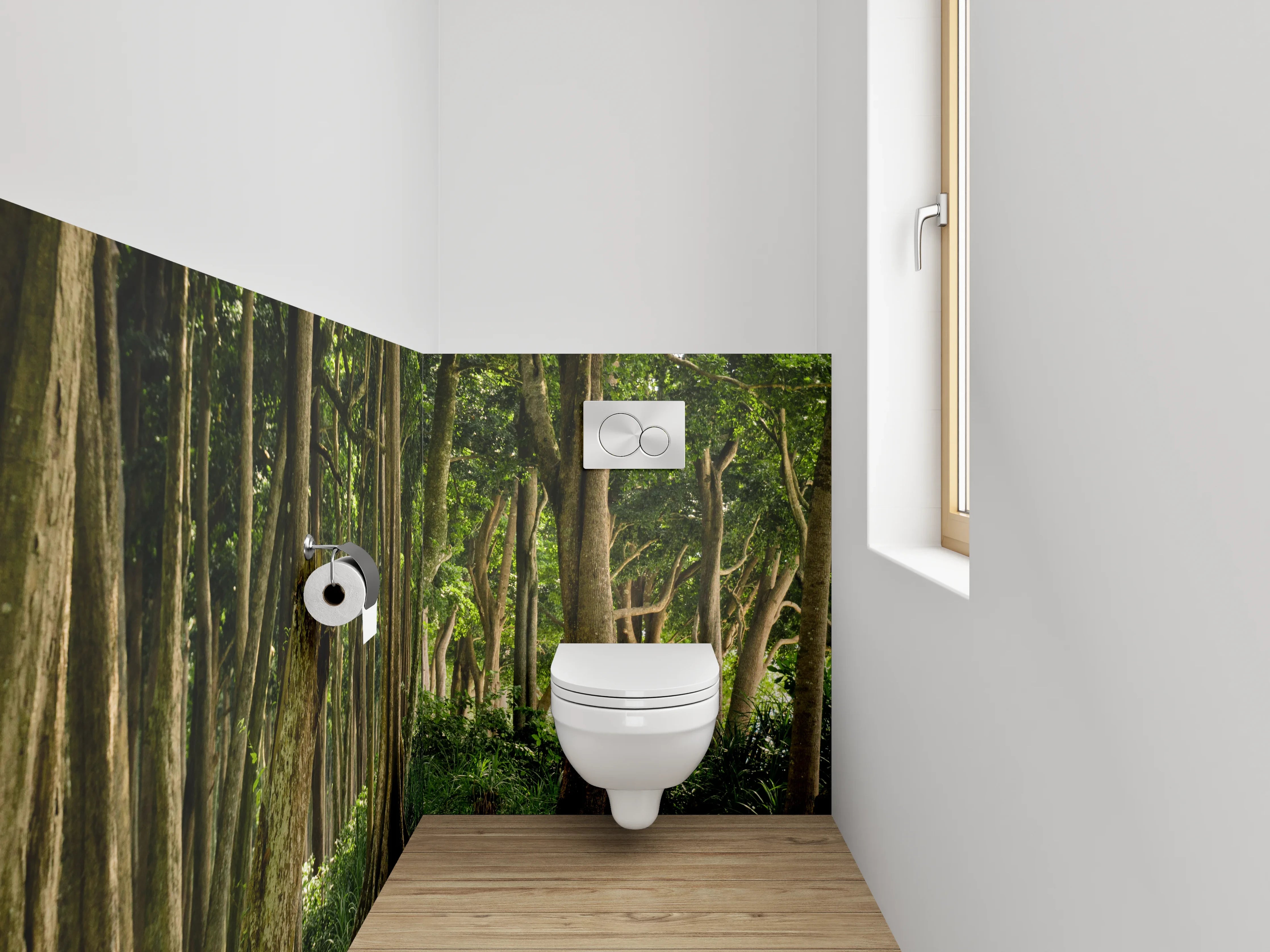 WC-Rückwand - Mystischer Wald im Sonnenschein