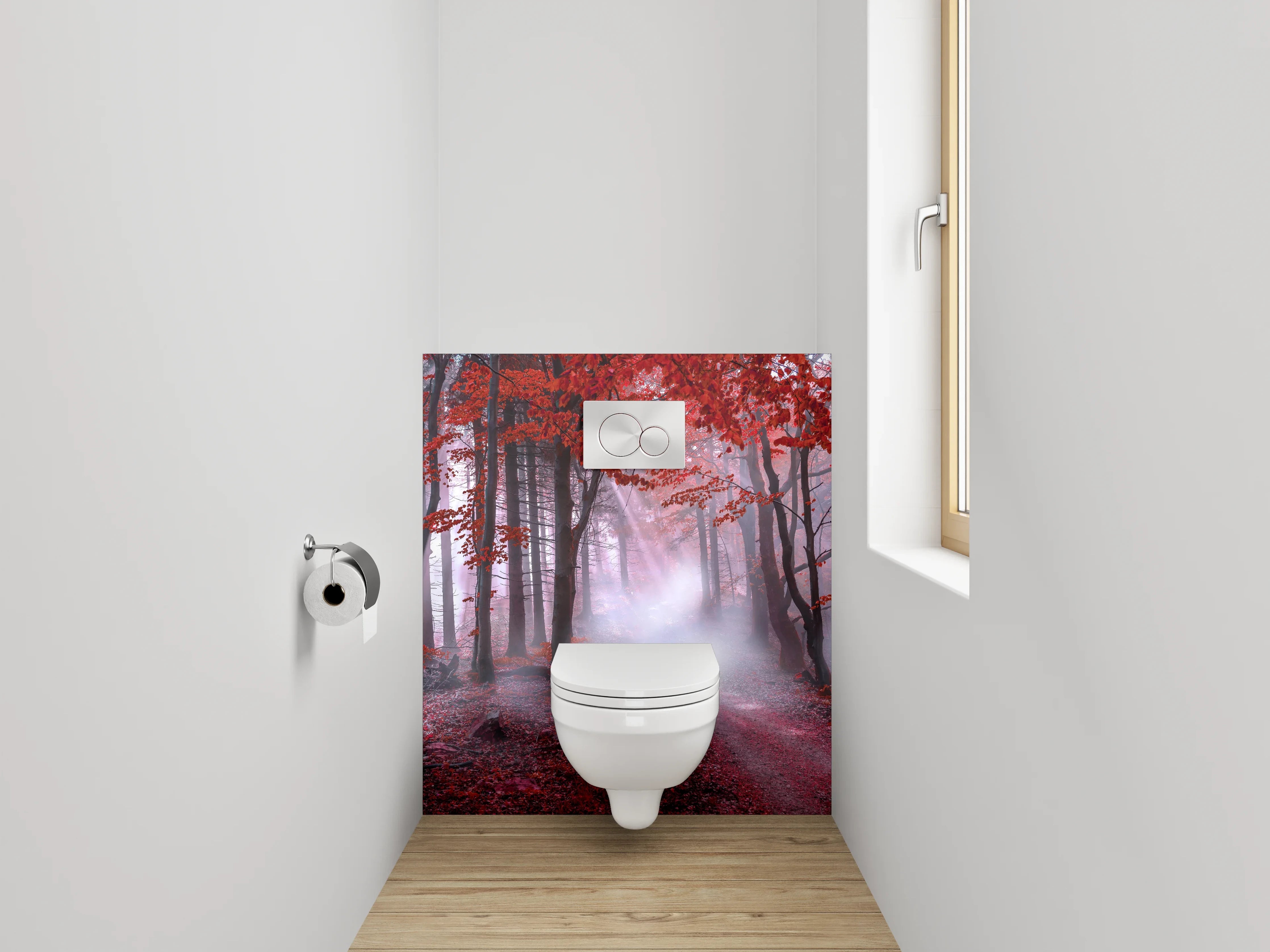 WC-Rückwand - Mystischer Wald in Rot mit Lichtstrahlen