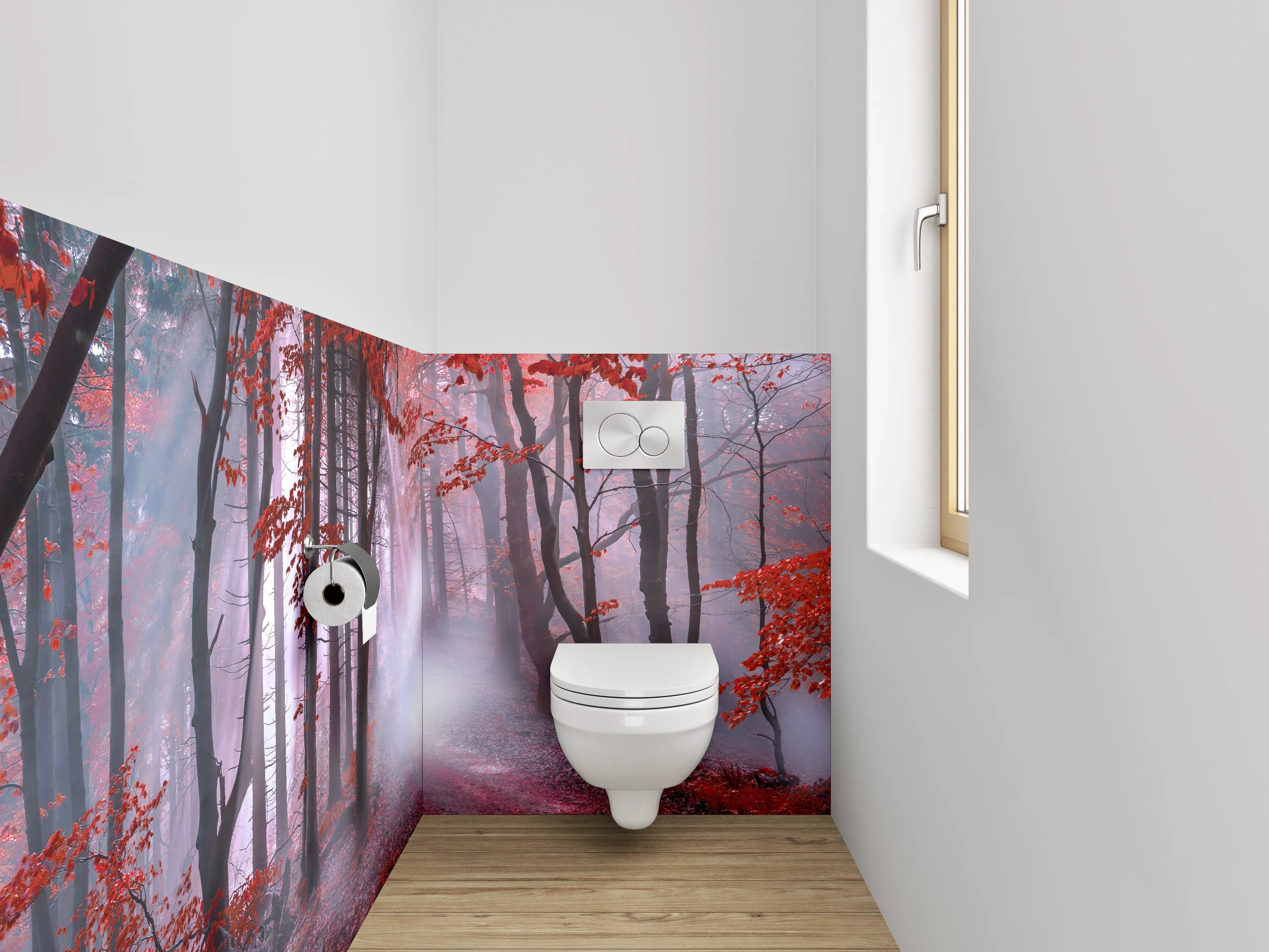 WC-Rückwand - Mystischer Wald in Rot mit Lichtstrahlen