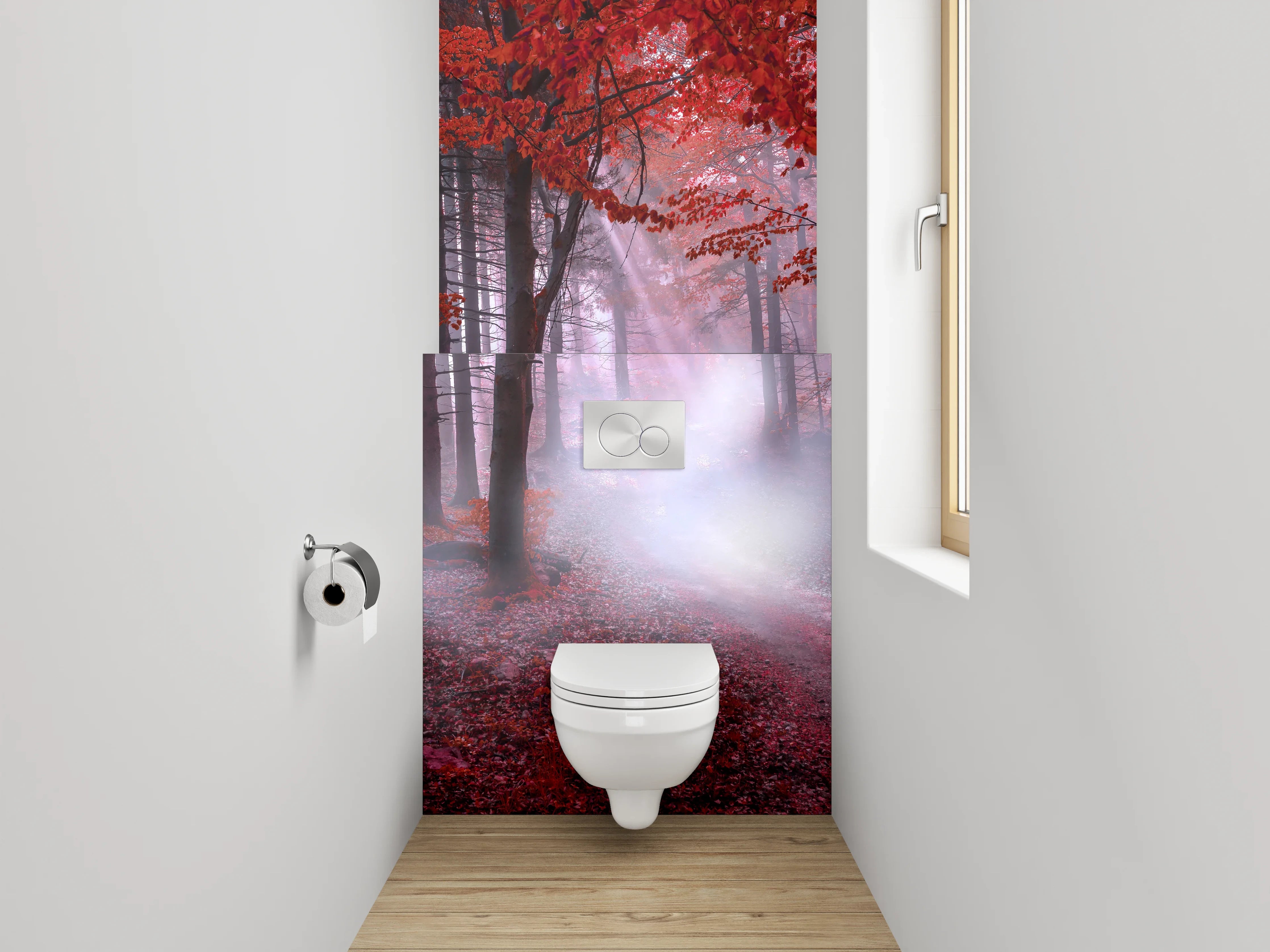 WC-Rückwand - Mystischer Wald in Rot mit Lichtstrahlen