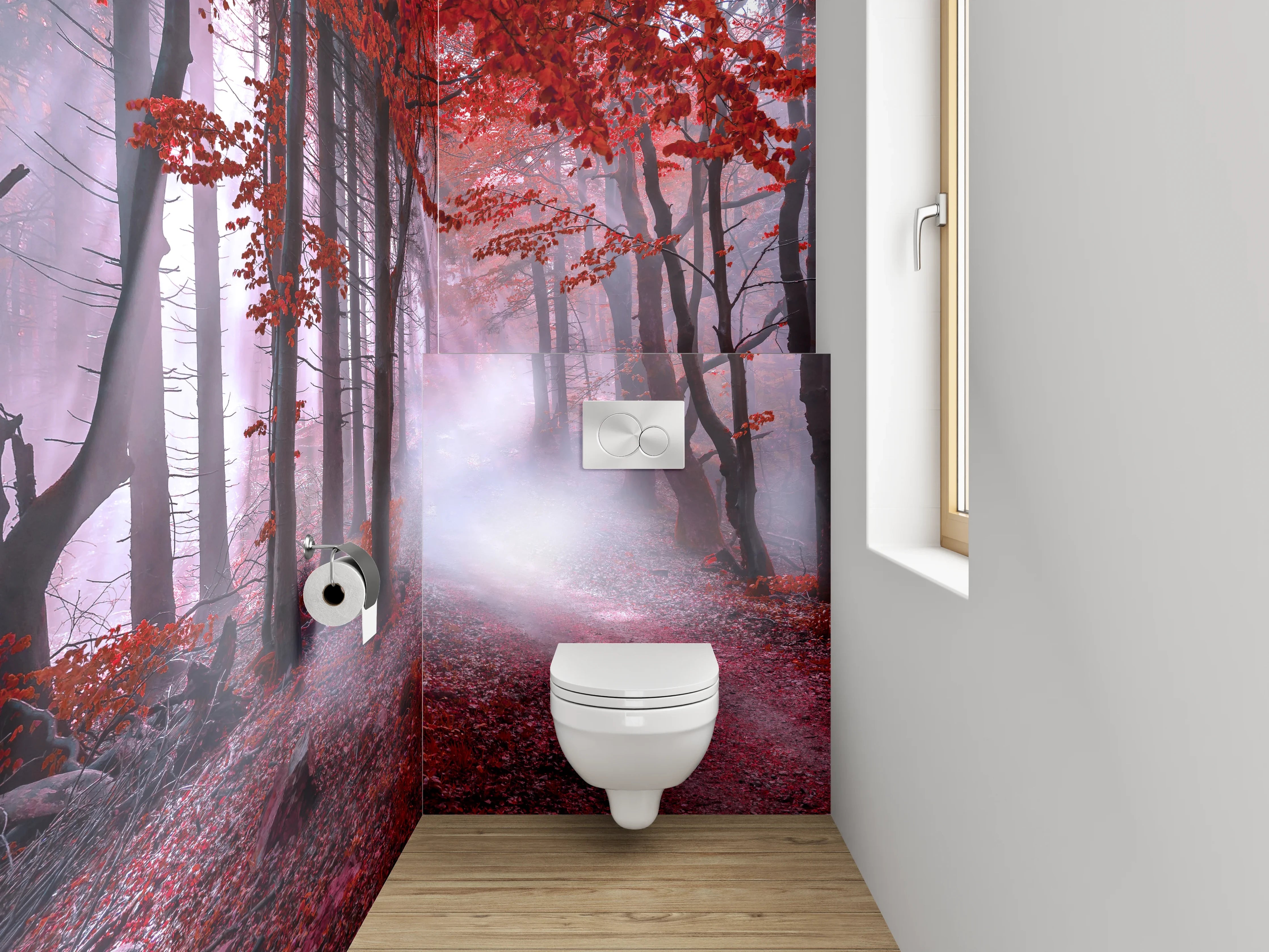 WC-Rückwand - Mystischer Wald in Rot mit Lichtstrahlen