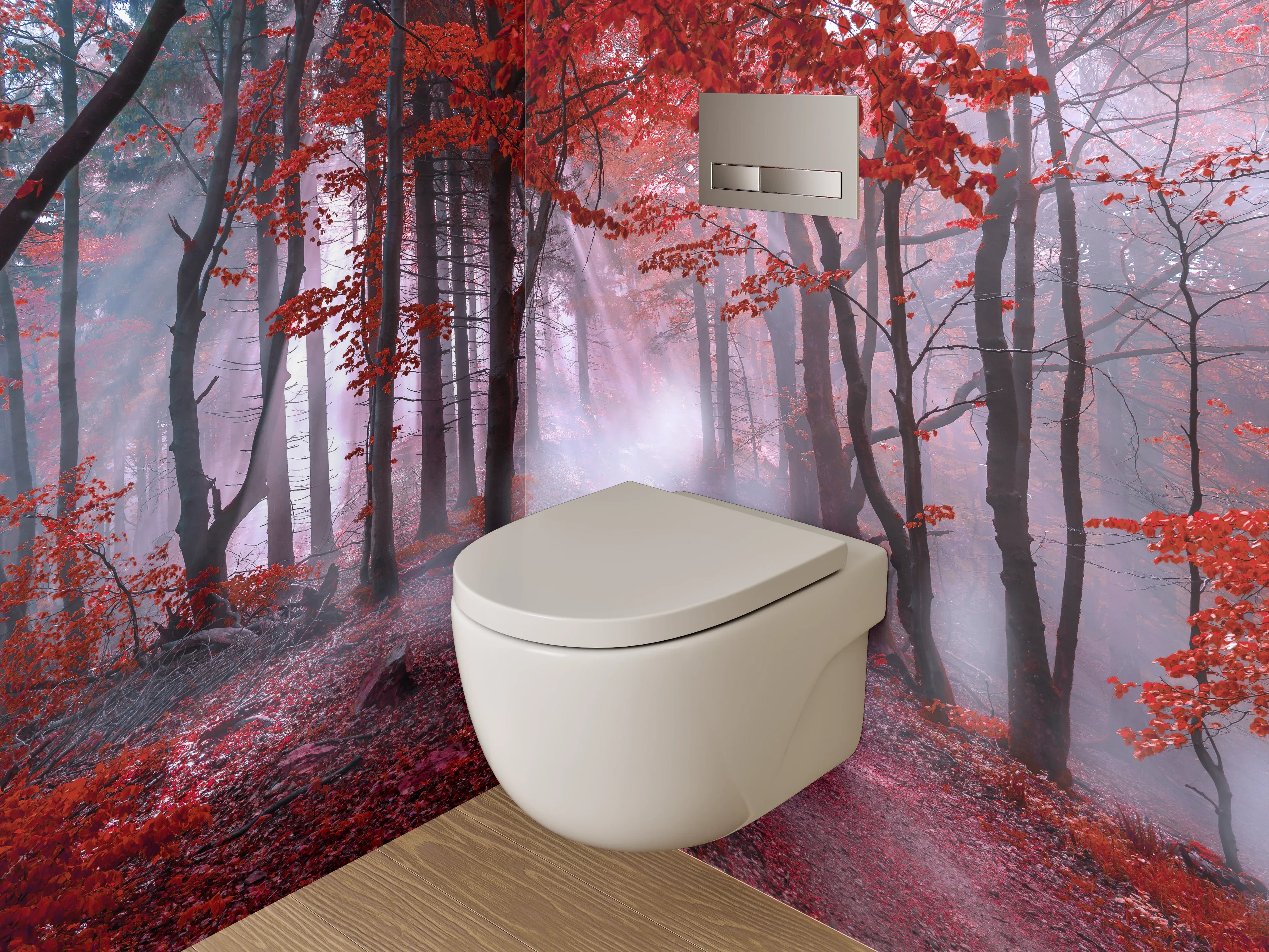 WC-Rückwand - Mystischer Wald in Rot mit Lichtstrahlen