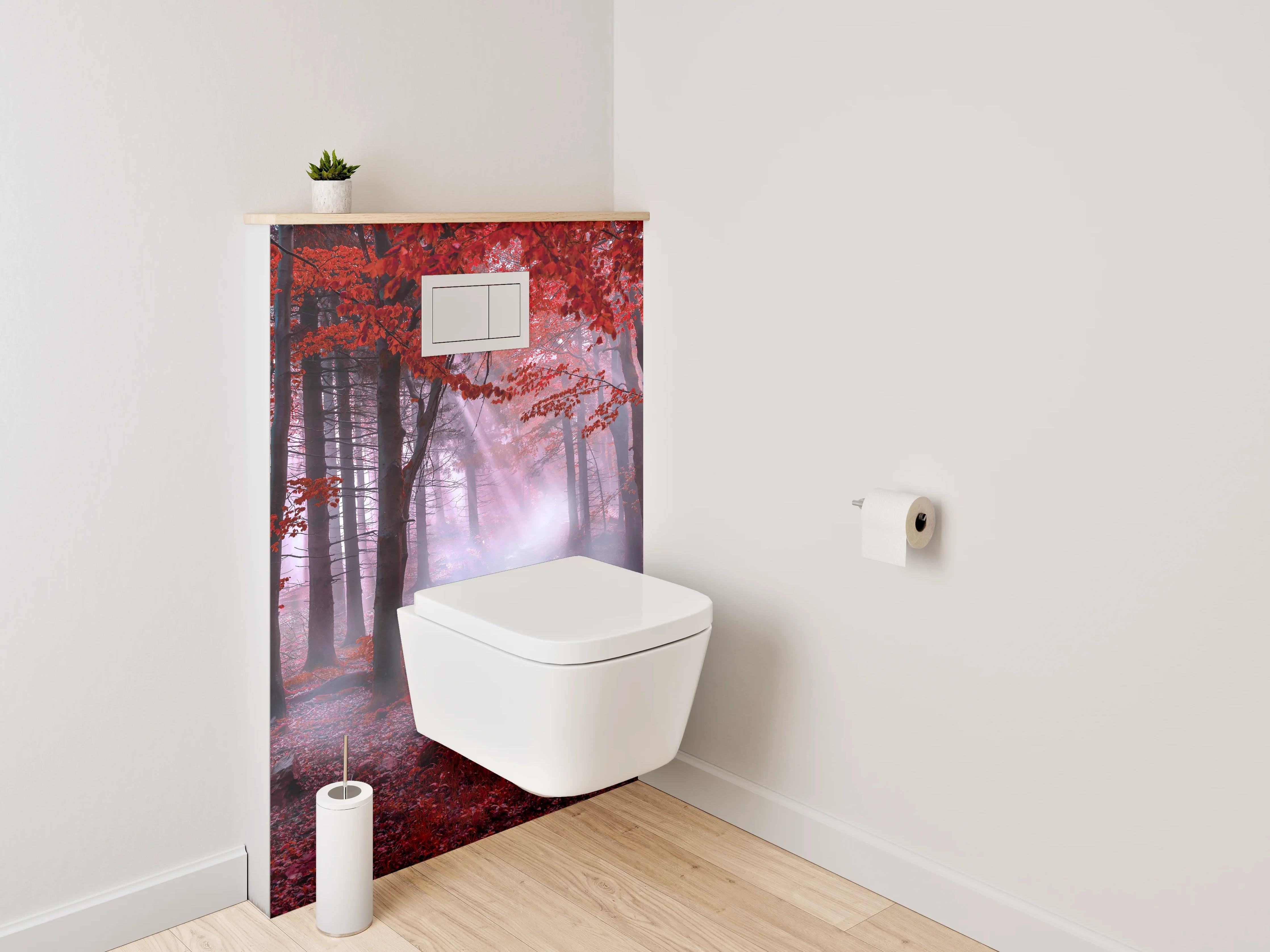 WC-Rückwand - Mystischer Wald in Rot mit Lichtstrahlen