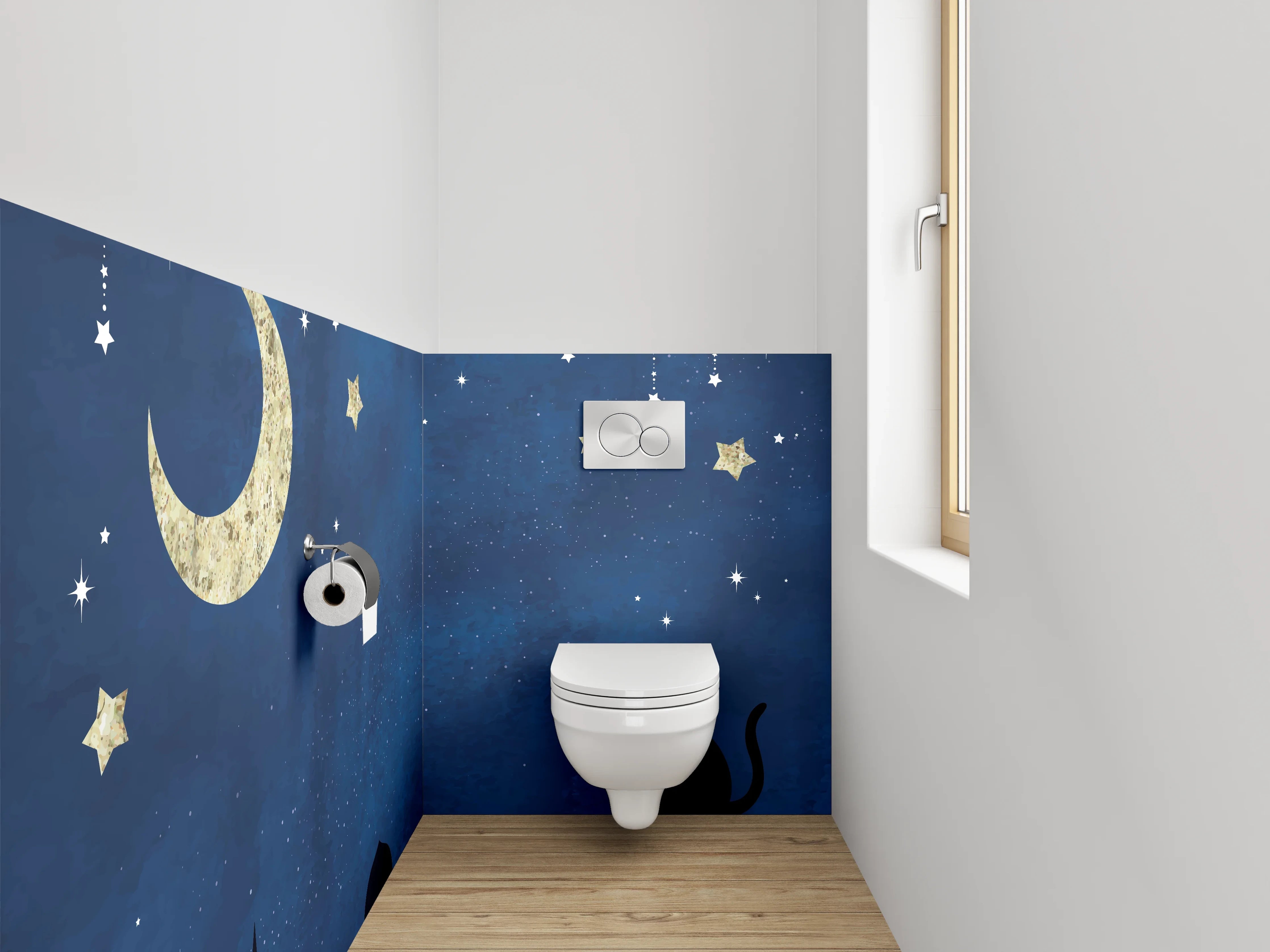 WC-Rückwand - Nachthimmel mit Katze Silhouette