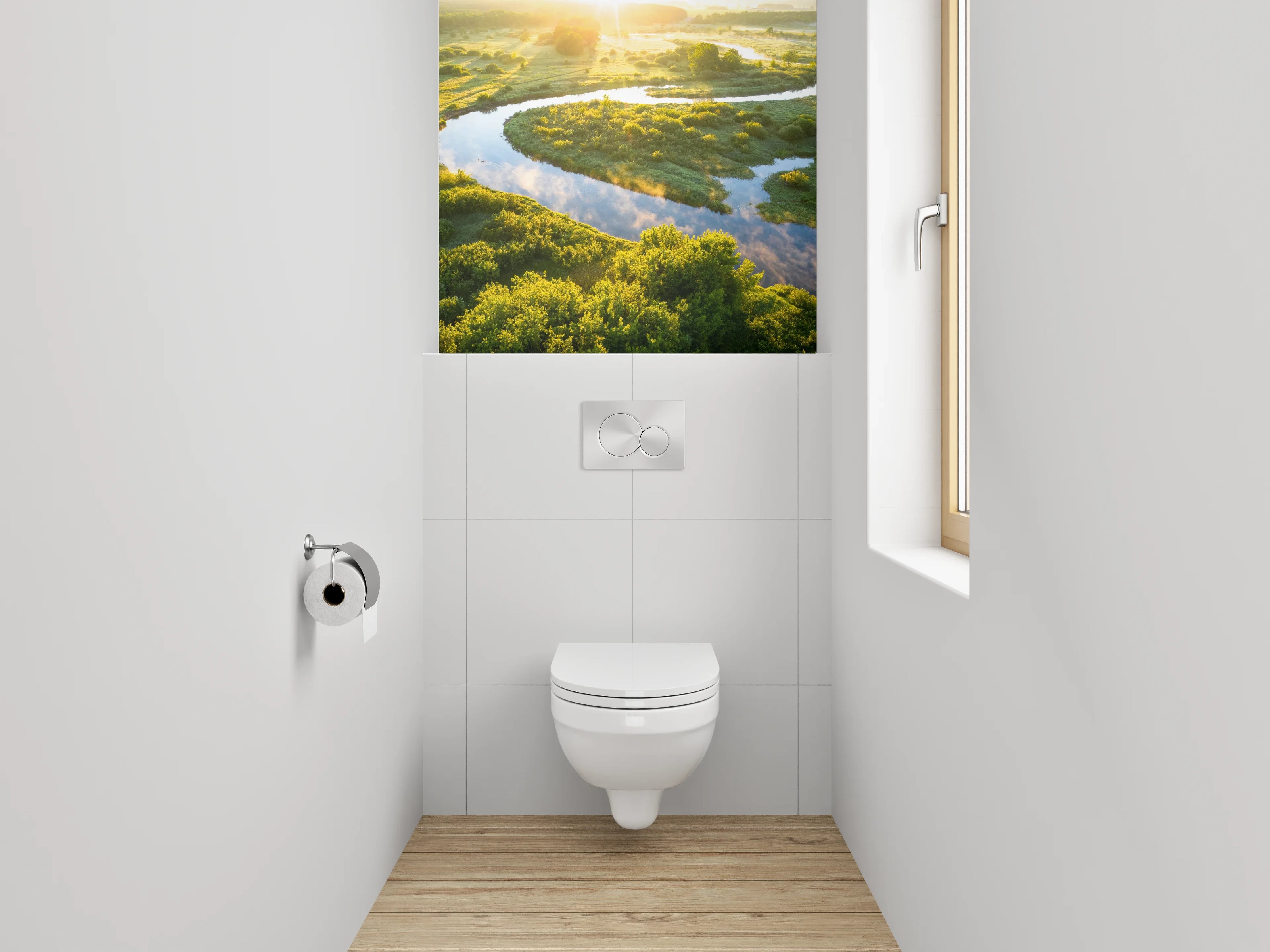 WC-Rückwand - Natürliche Flusslandschaft bei Sonnenaufgang