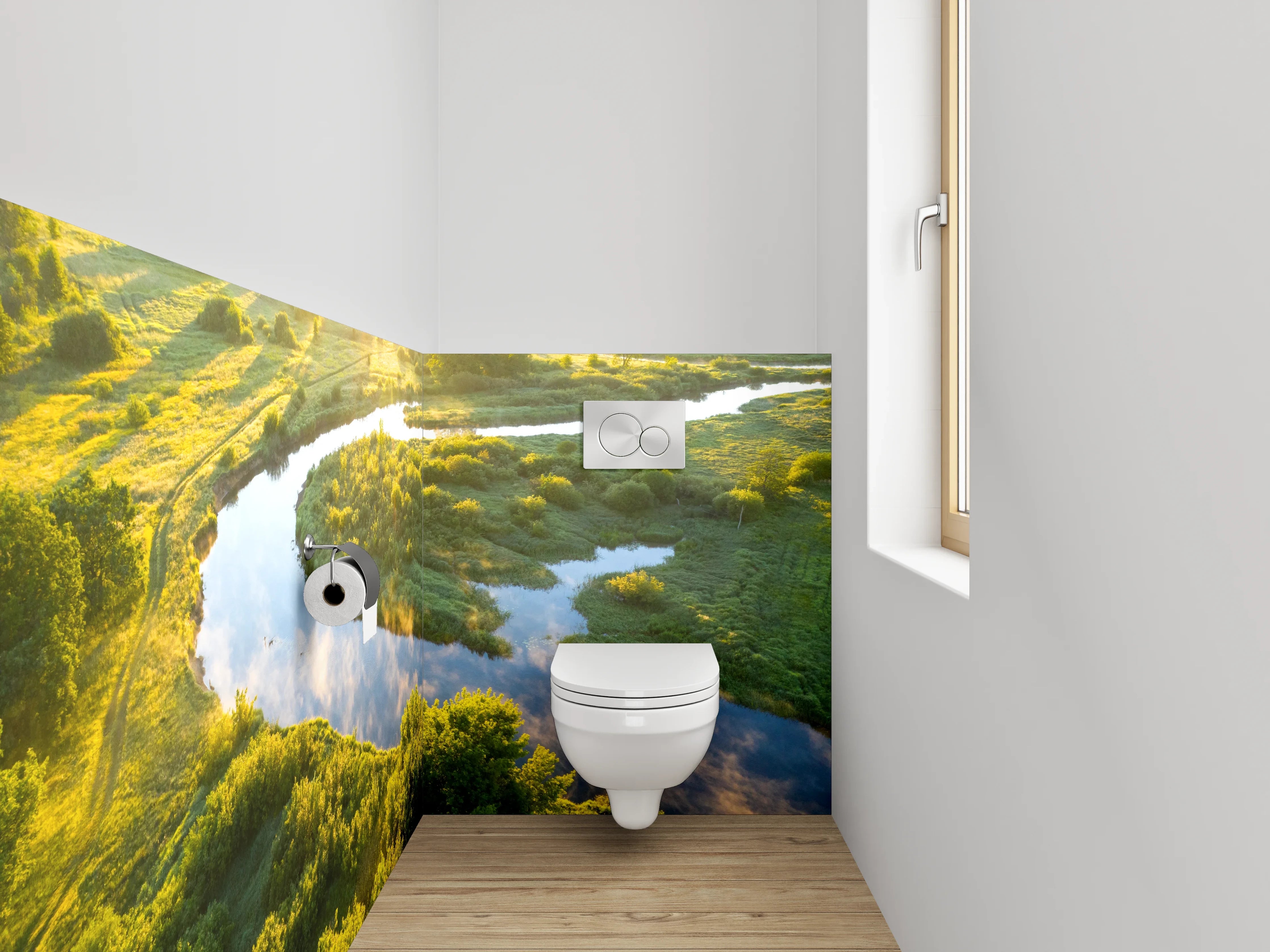 WC-Rückwand - Natürliche Flusslandschaft bei Sonnenaufgang