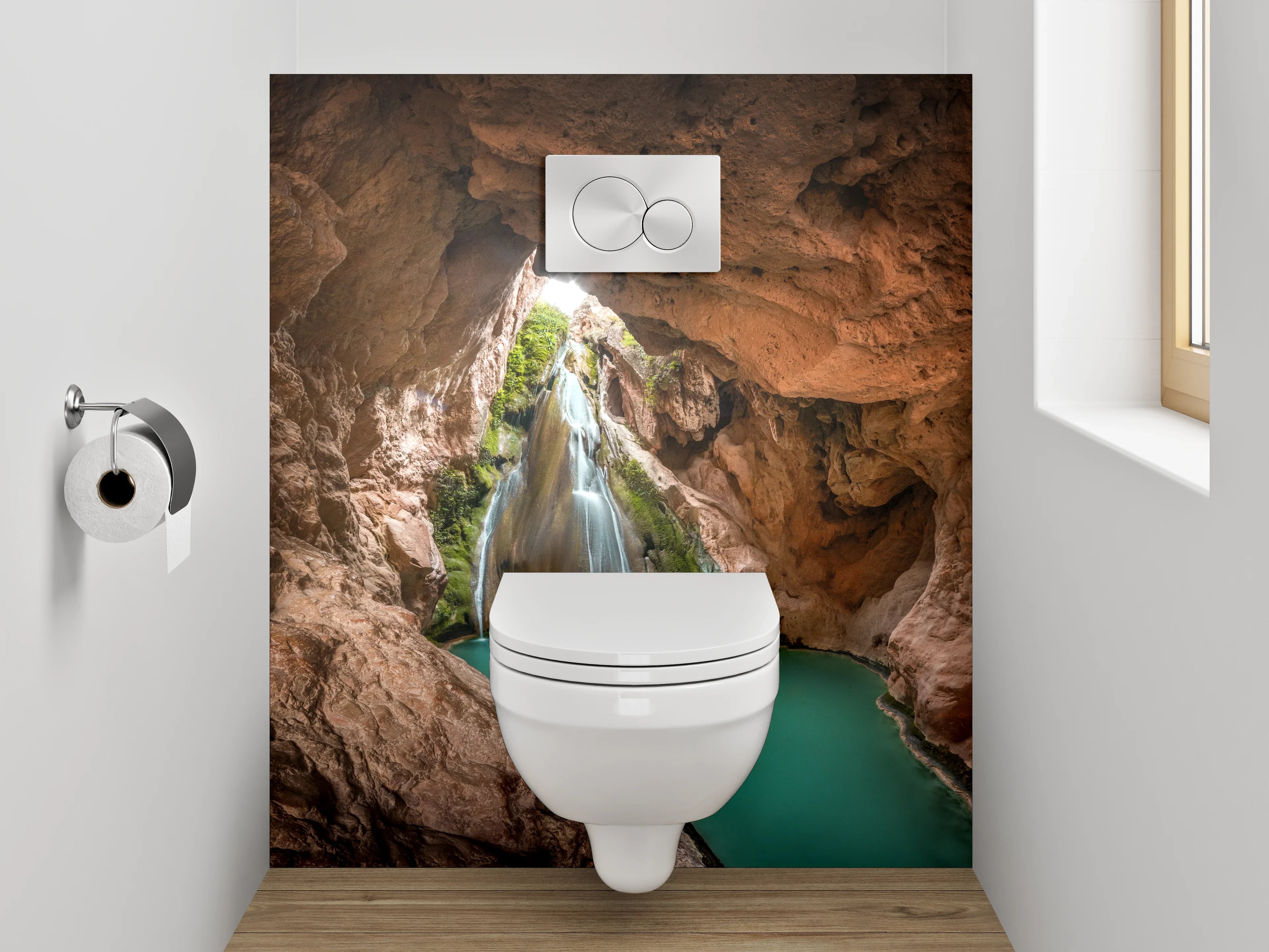 WC-Rückwand - Naturhöhle mit Wasserfall und türkisfarbenem Becken