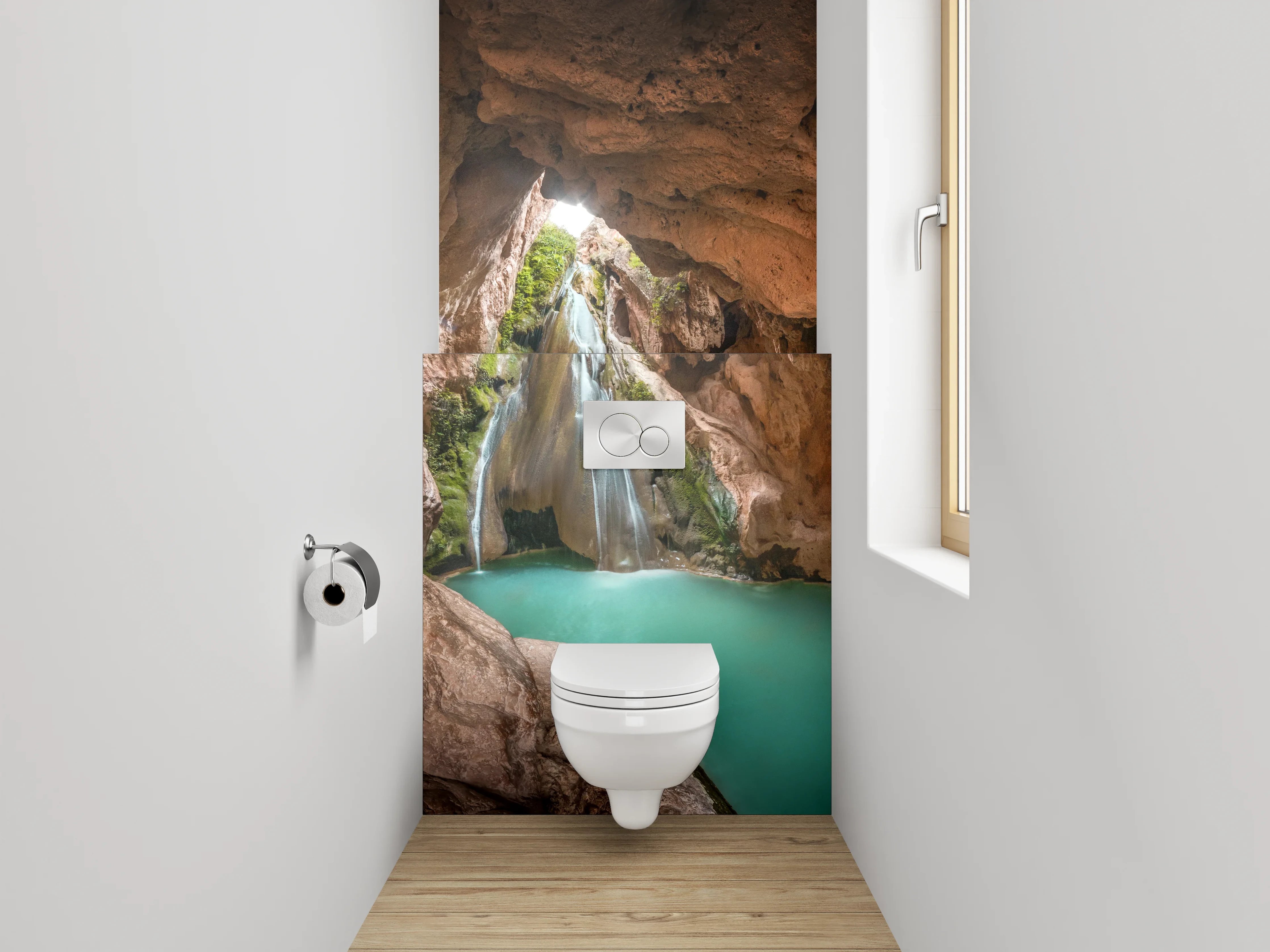 WC-Rückwand - Naturhöhle mit Wasserfall und türkisfarbenem Becken
