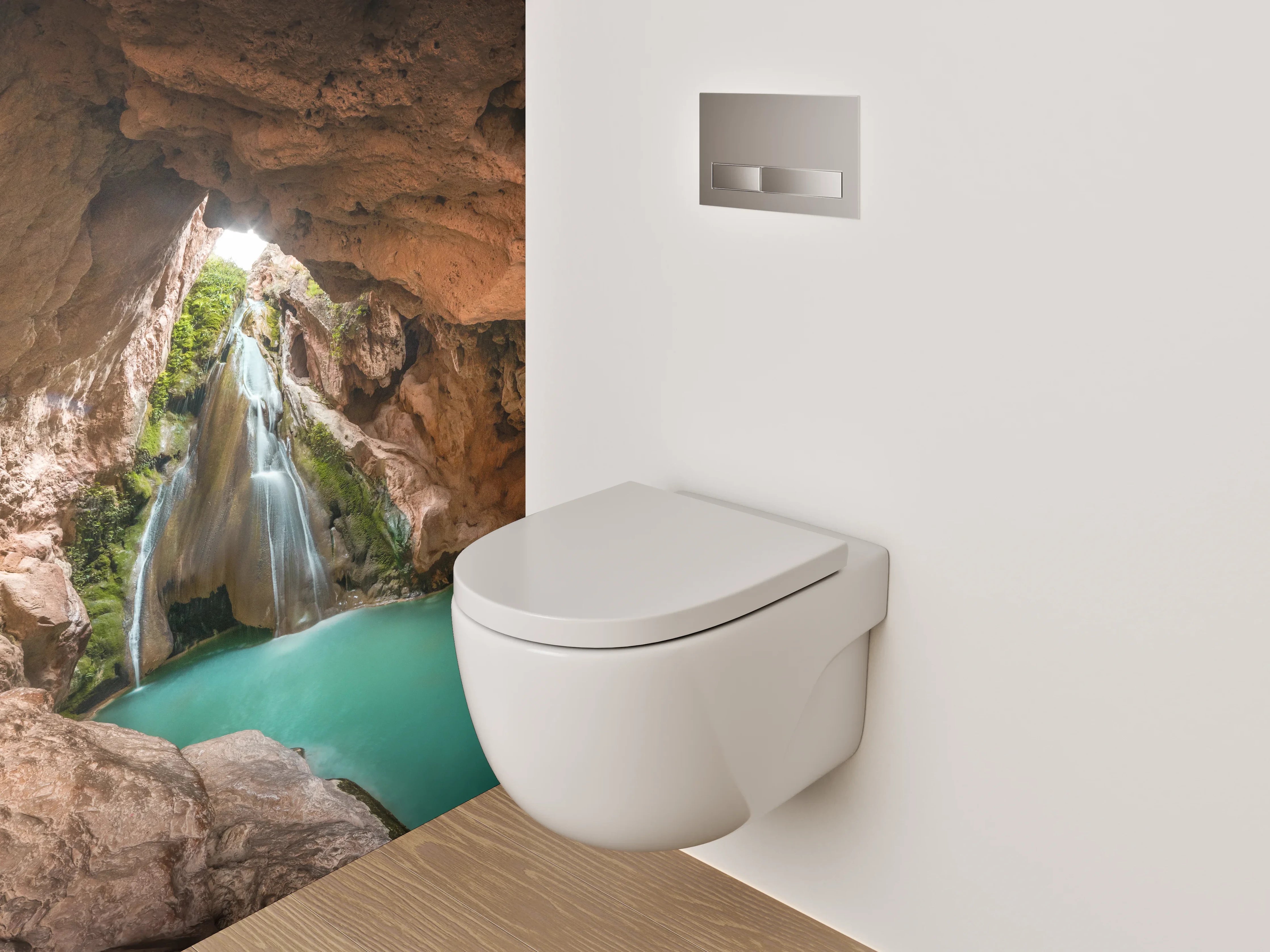 WC-Rückwand - Naturhöhle mit Wasserfall und türkisfarbenem Becken