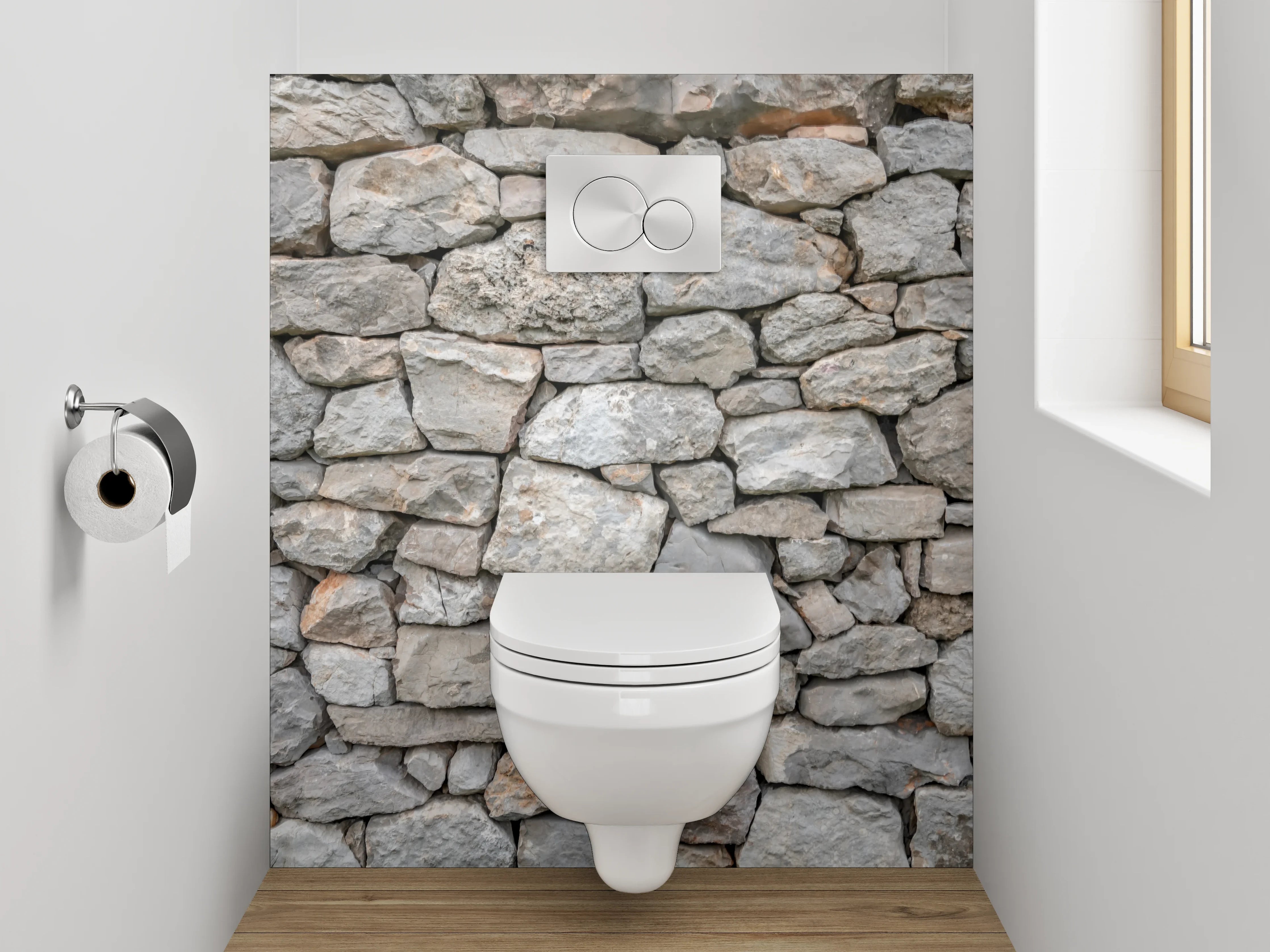 WC-Rückwand - Natursteinmauer in Grau und Beige