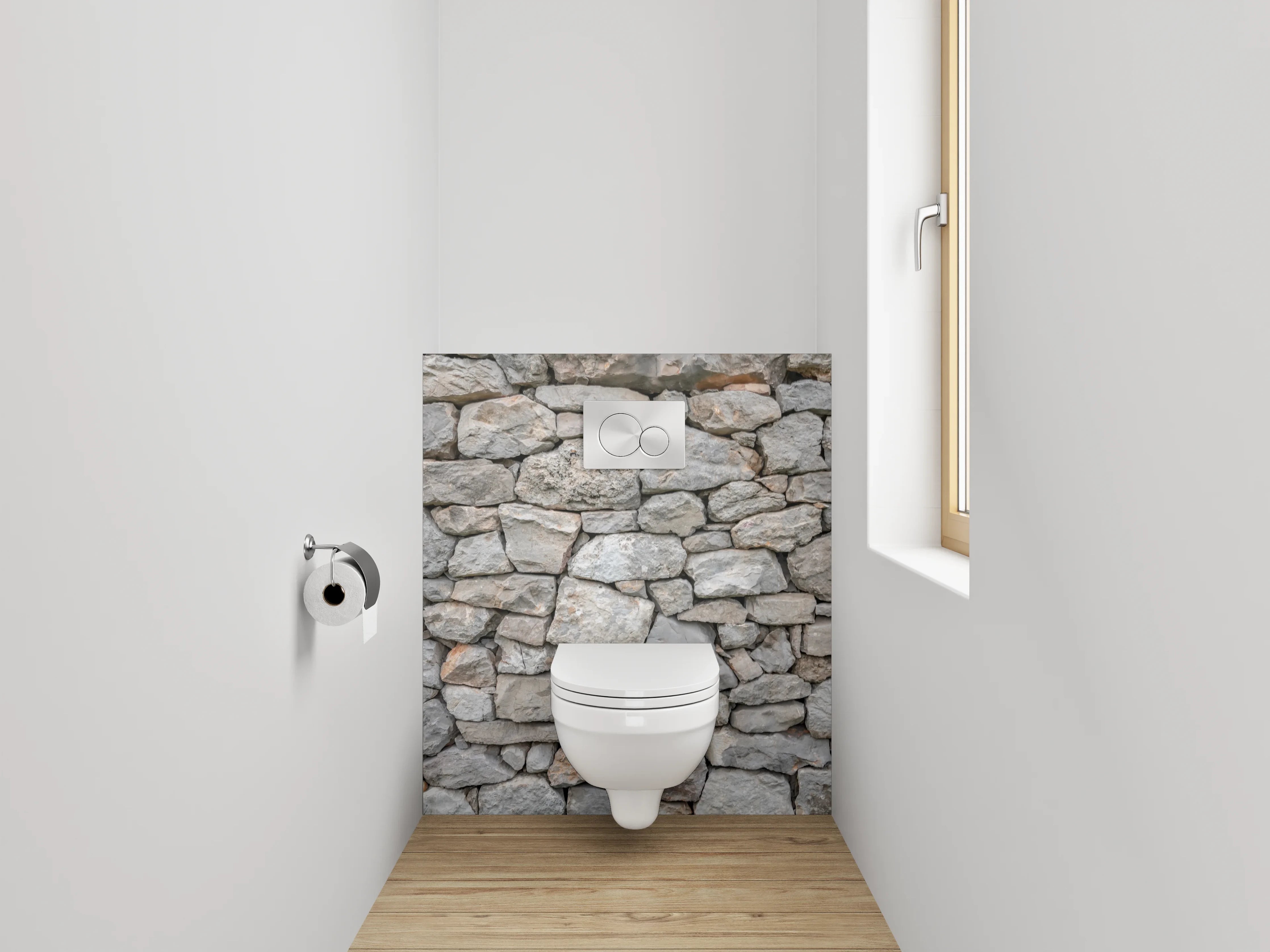 WC-Rückwand - Natursteinmauer in Grau und Beige