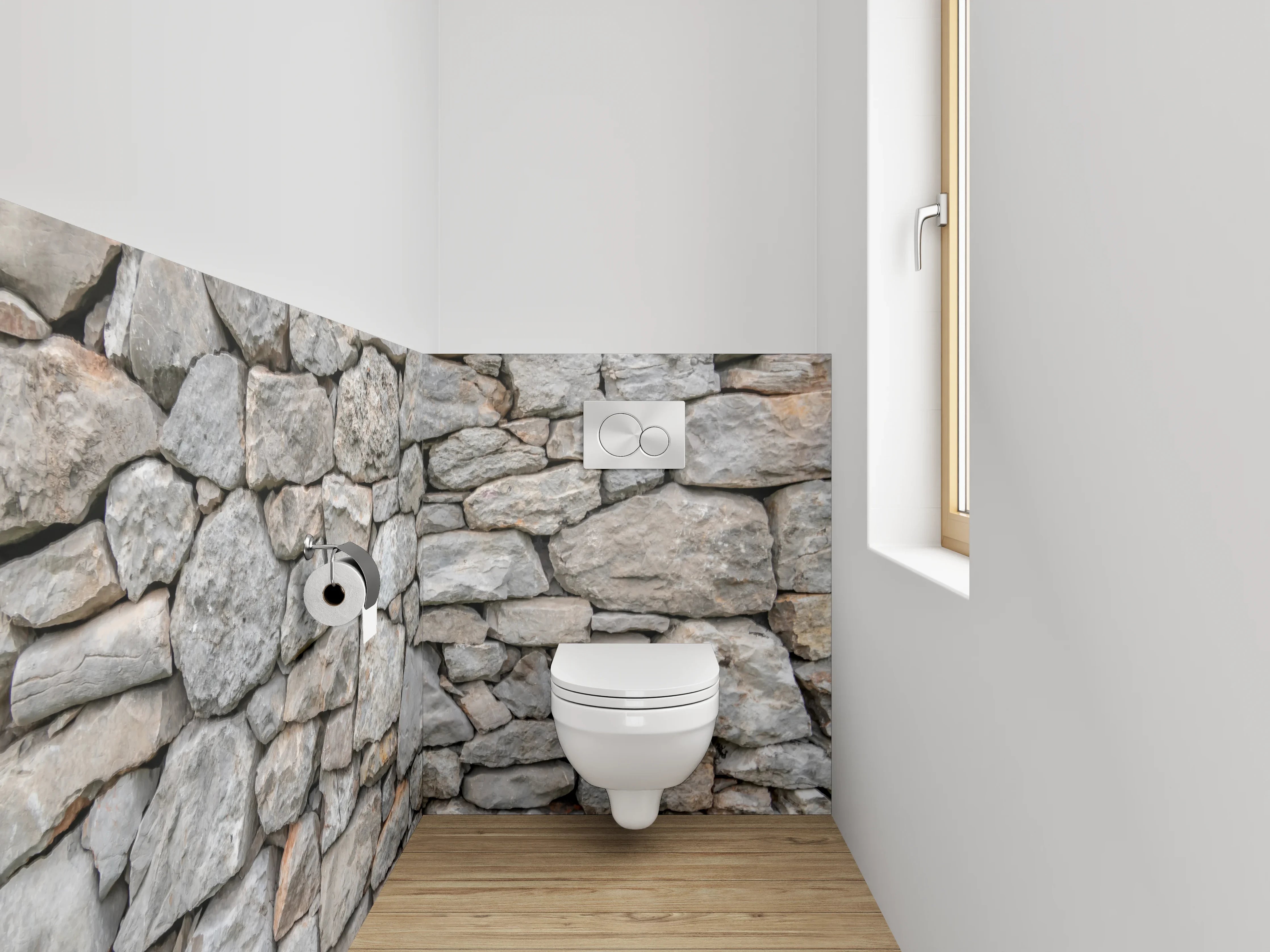 WC-Rückwand - Natursteinmauer in Grau und Beige