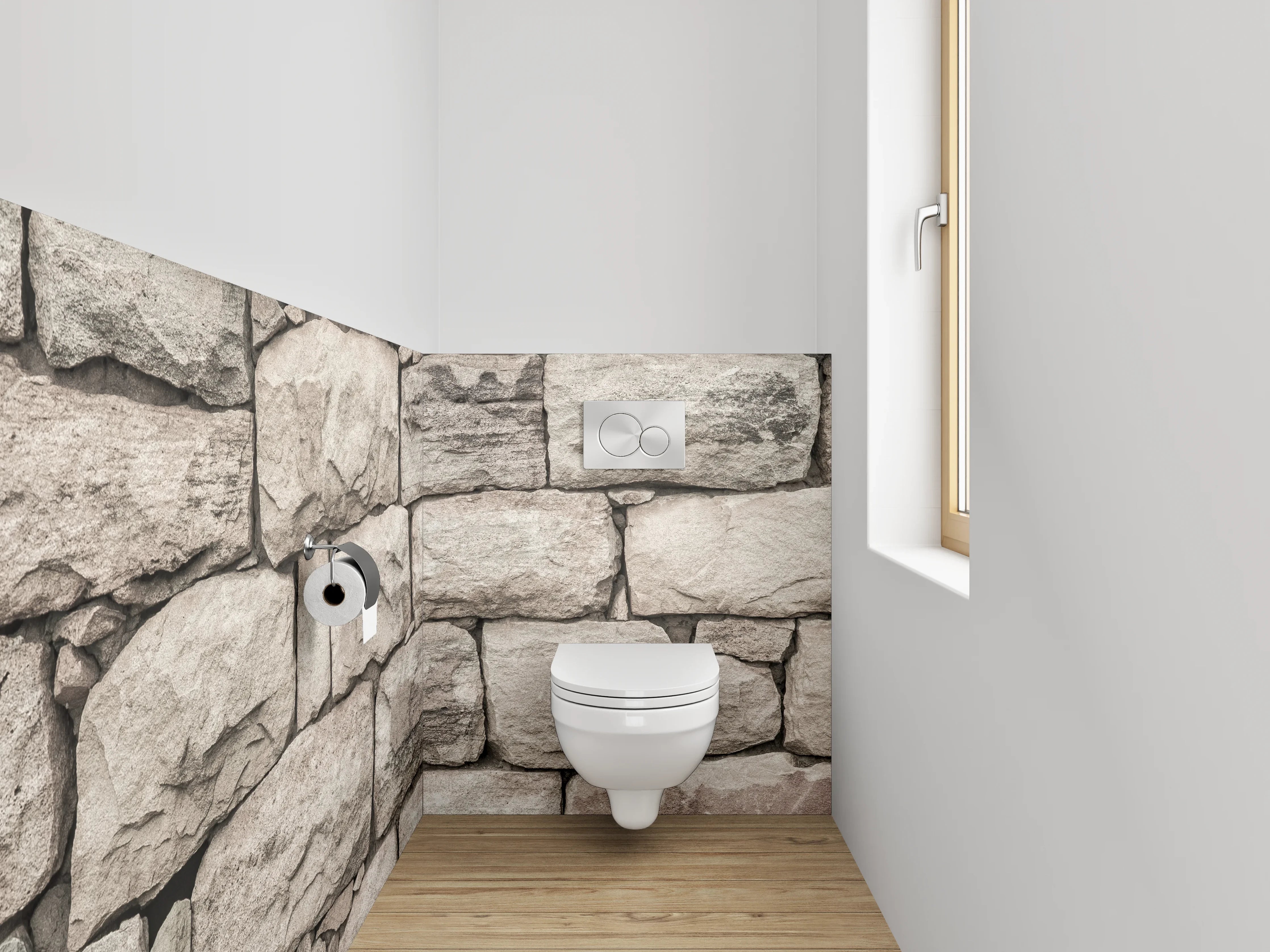 WC-Rückwand - Natursteinmauer in beige und grau