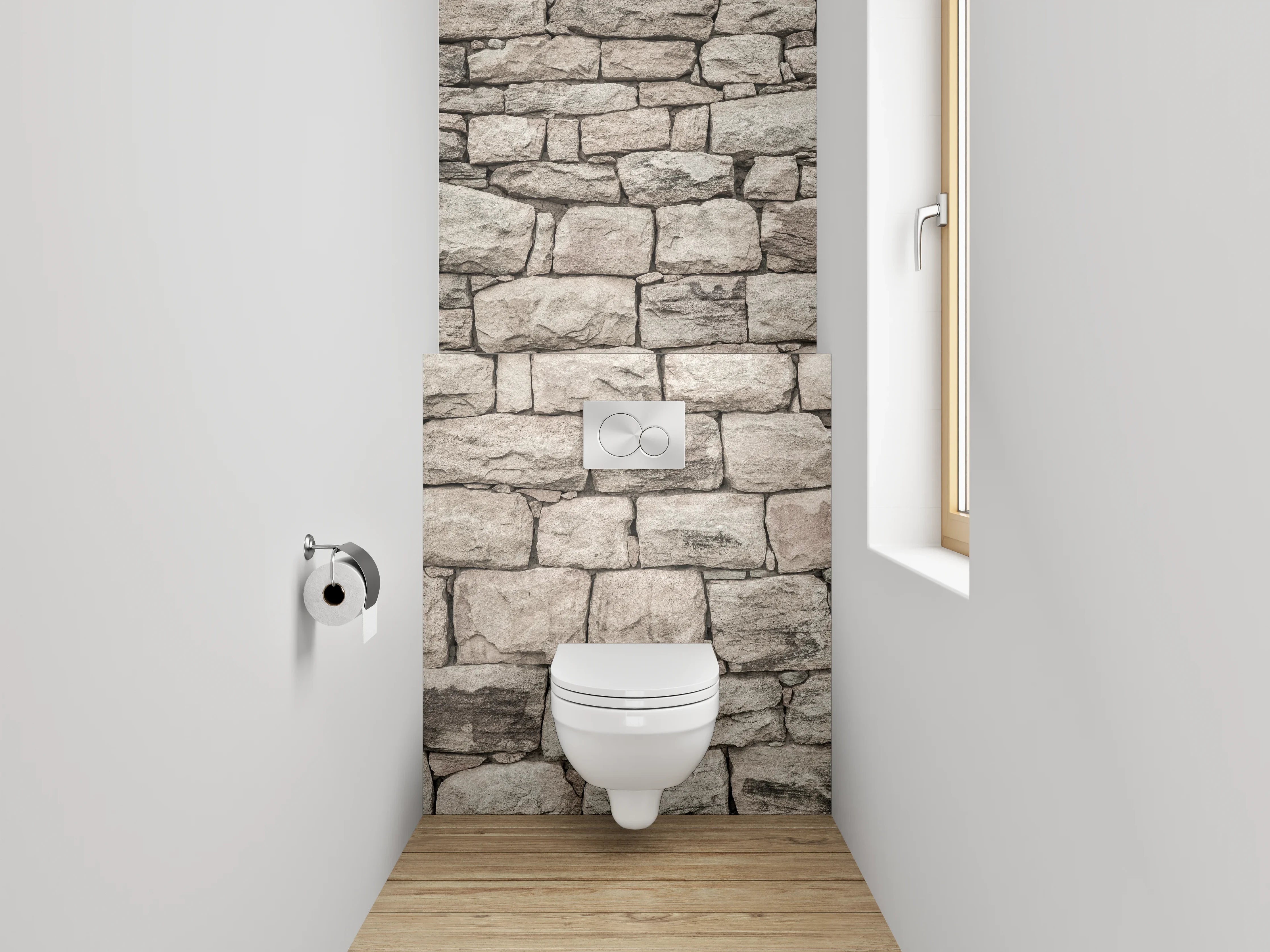 WC-Rückwand - Natursteinmauer in beige und grau