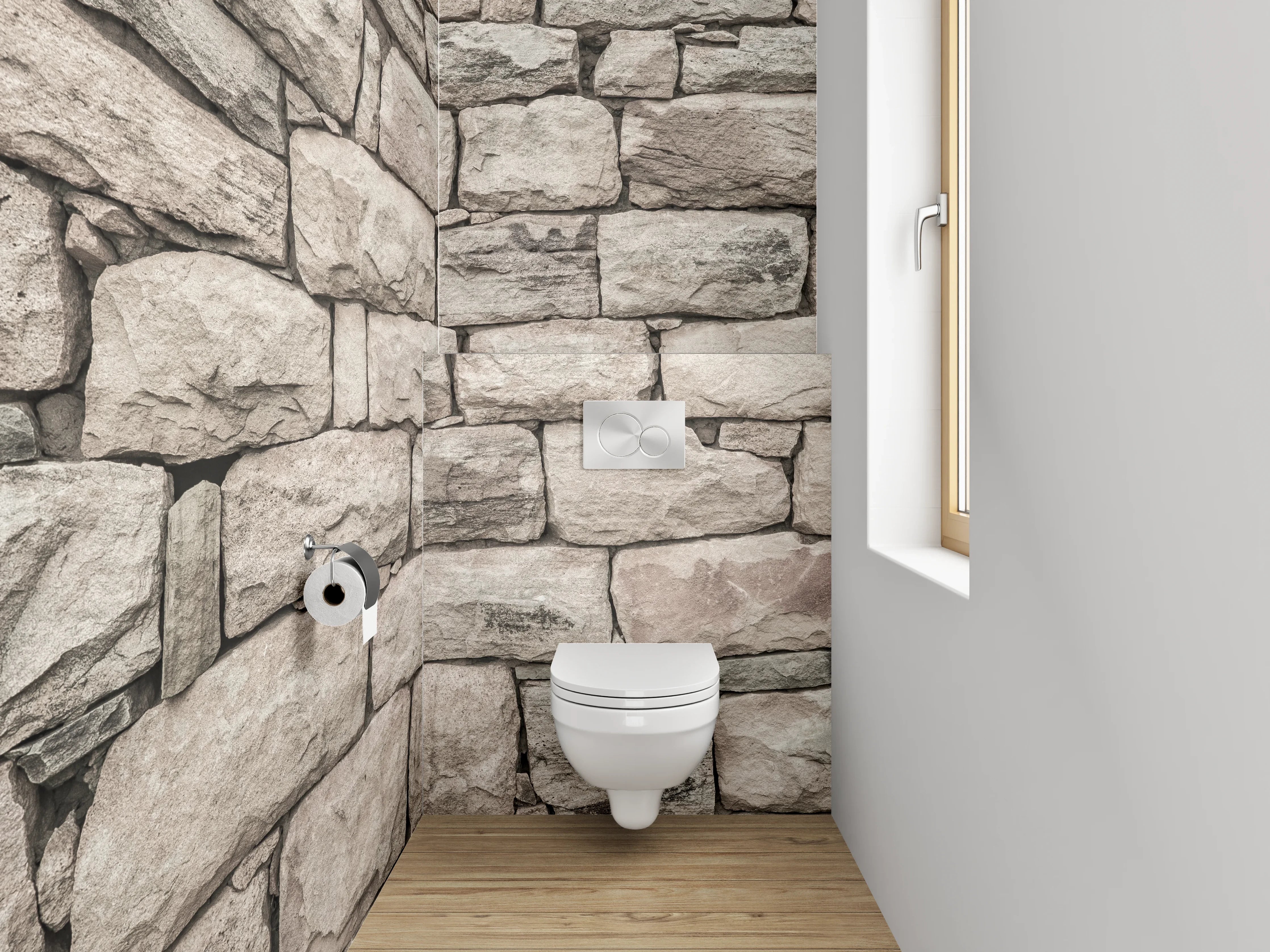 WC-Rückwand - Natursteinmauer in beige und grau