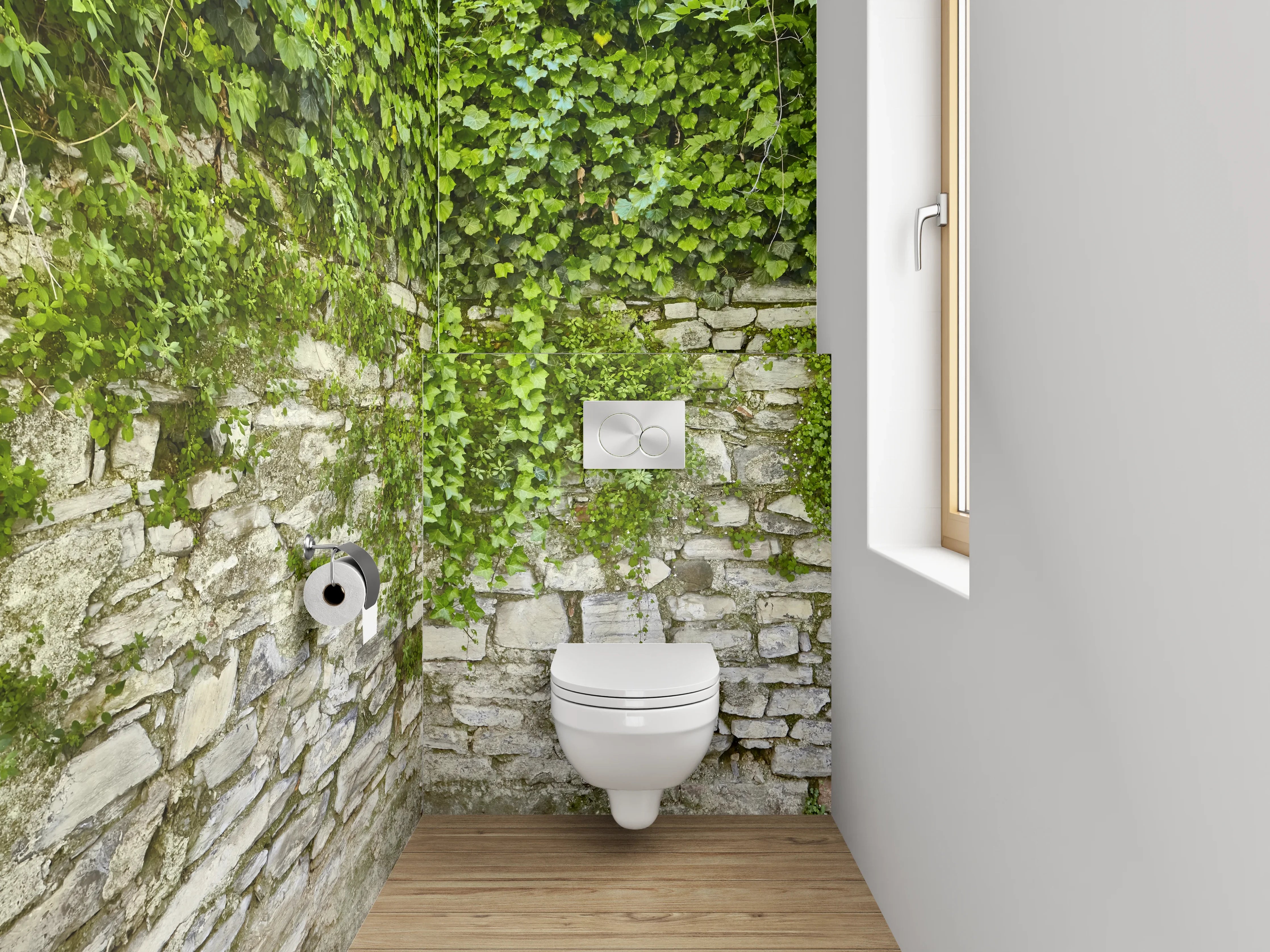 WC-Rückwand - Natursteinmauer mit Efeu