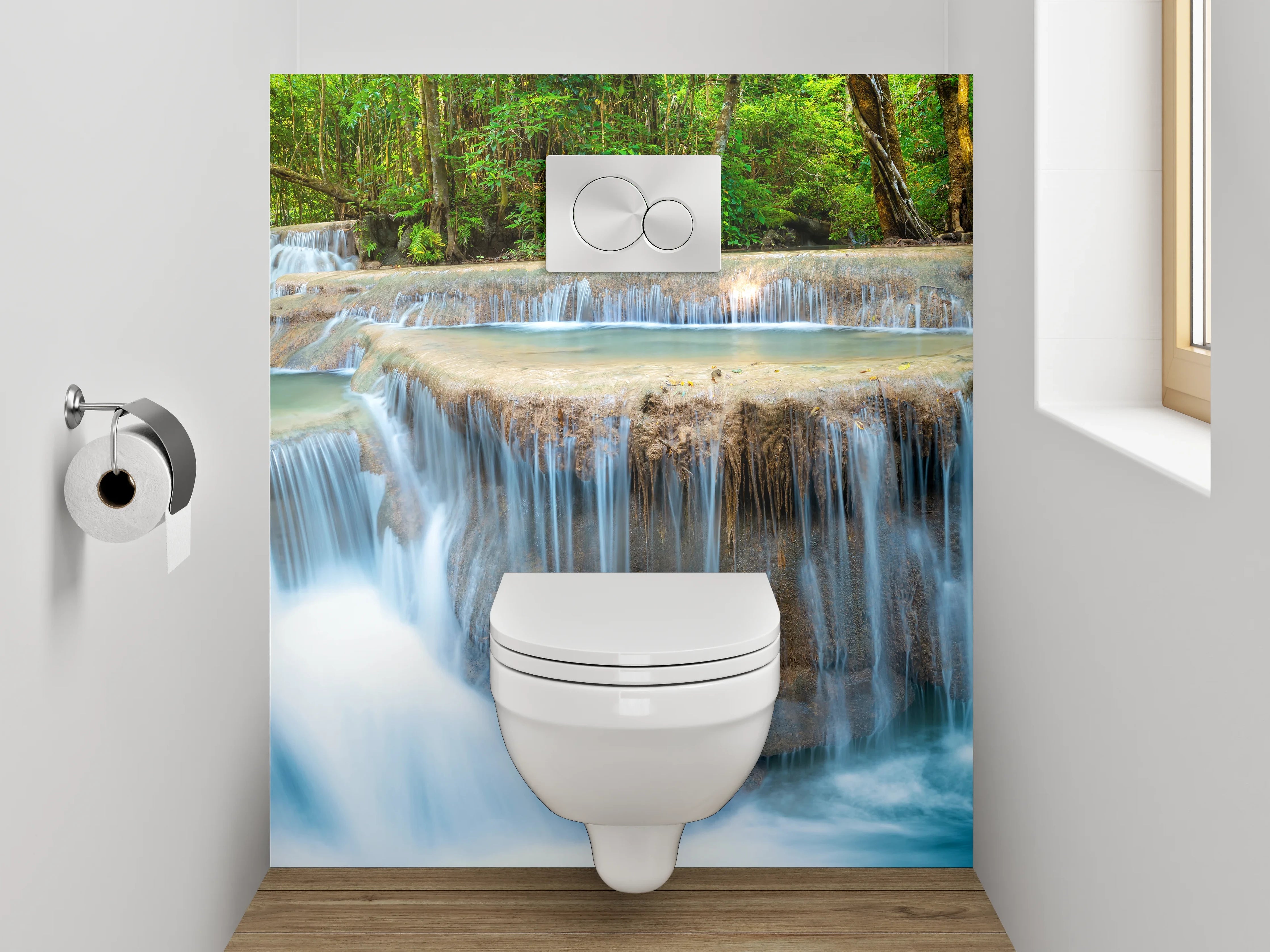 WC-Rückwand - Nebelgraue Wasserfälle im weißen Urwald