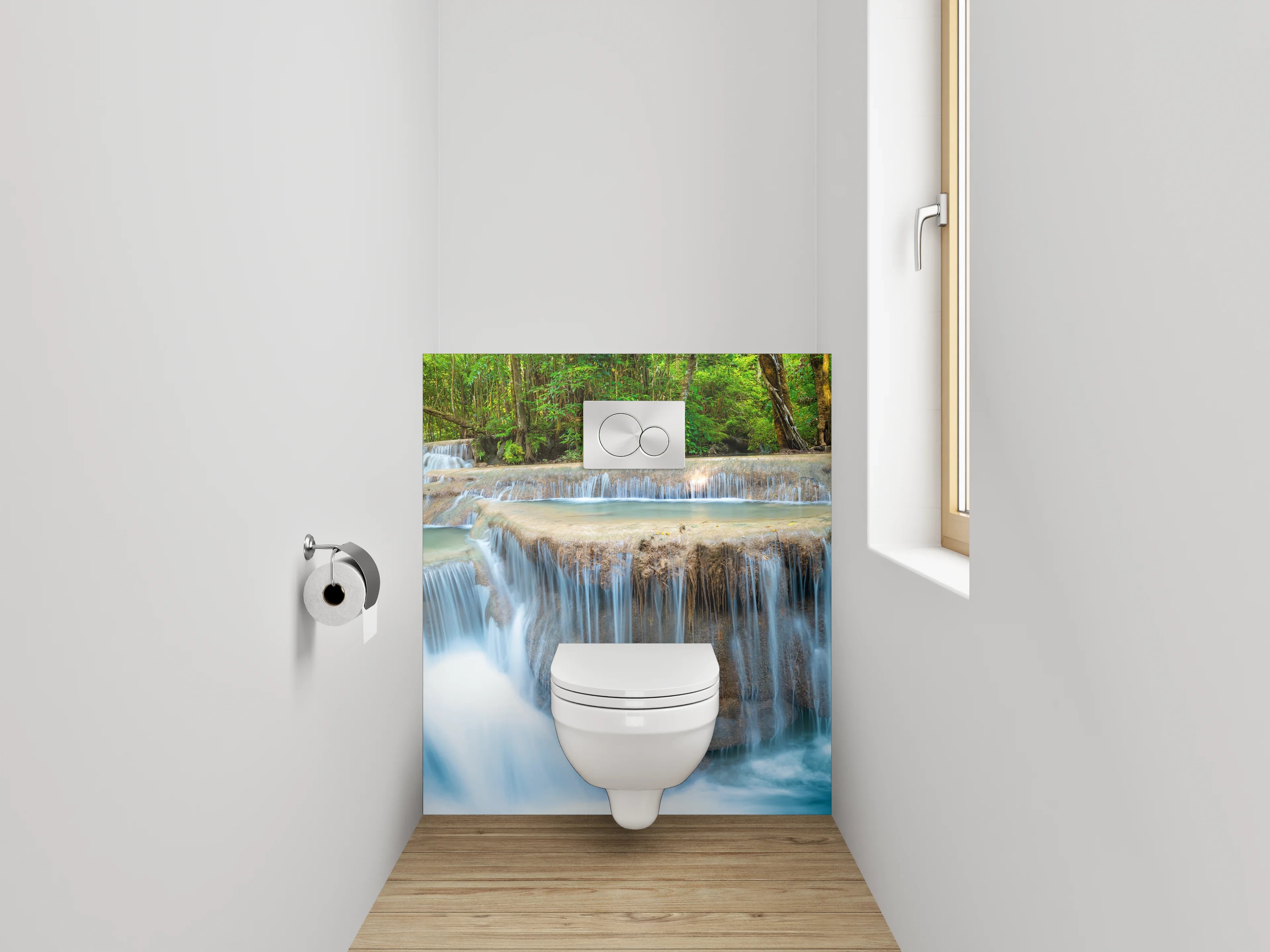 WC-Rückwand - Nebelgraue Wasserfälle im weißen Urwald