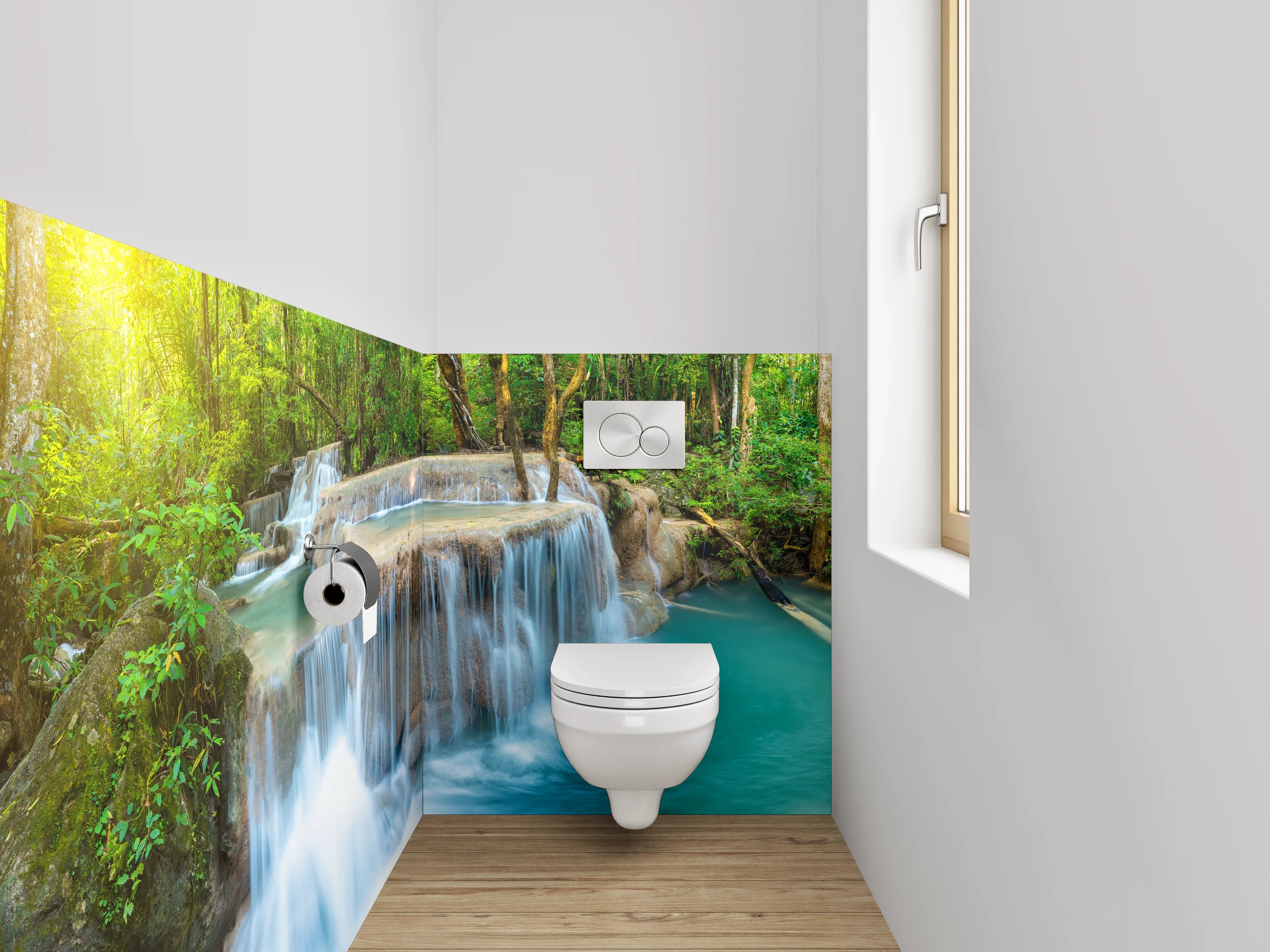 WC-Rückwand - Nebelgraue Wasserfälle im weißen Urwald