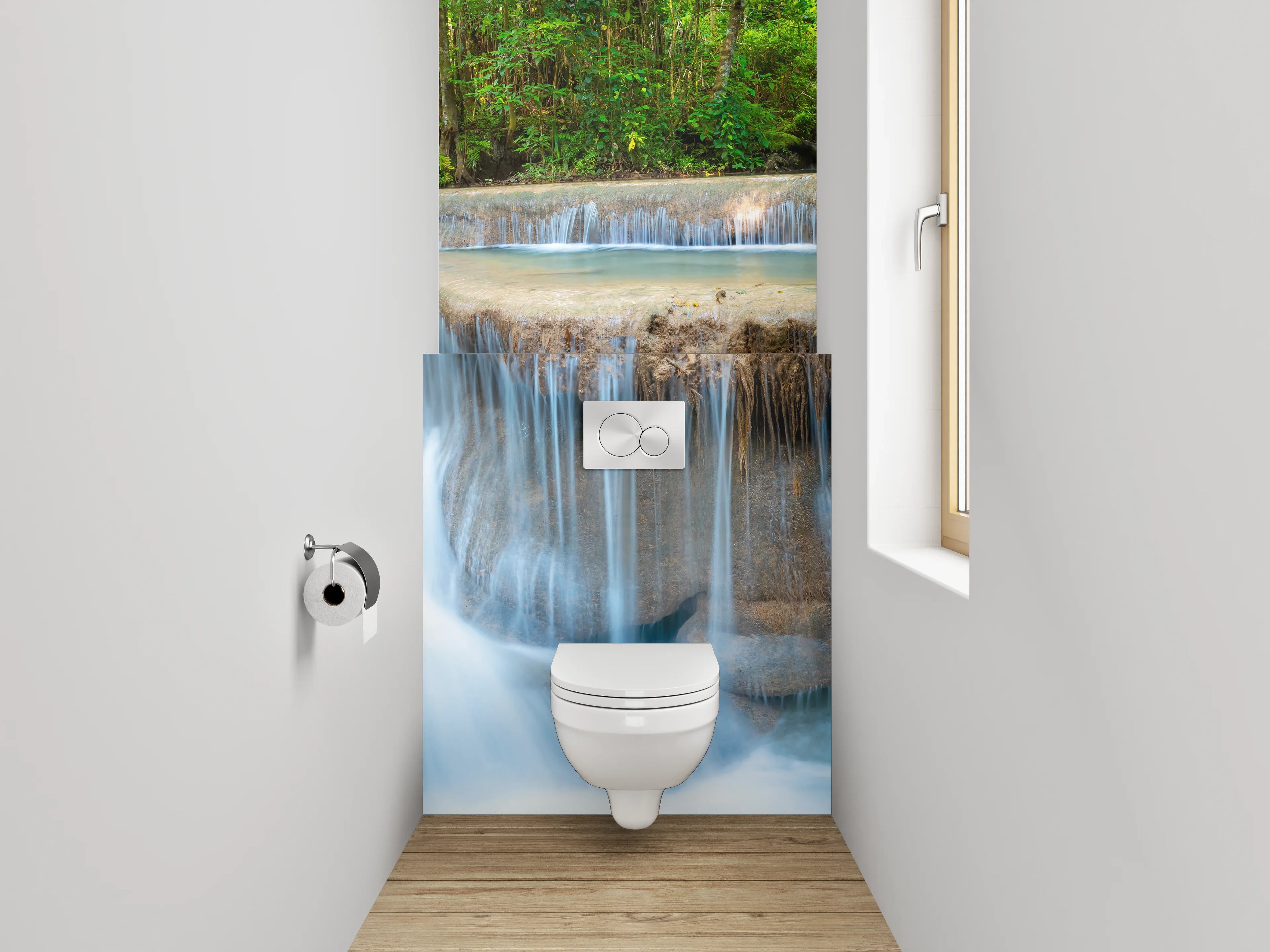 WC-Rückwand - Nebelgraue Wasserfälle im weißen Urwald