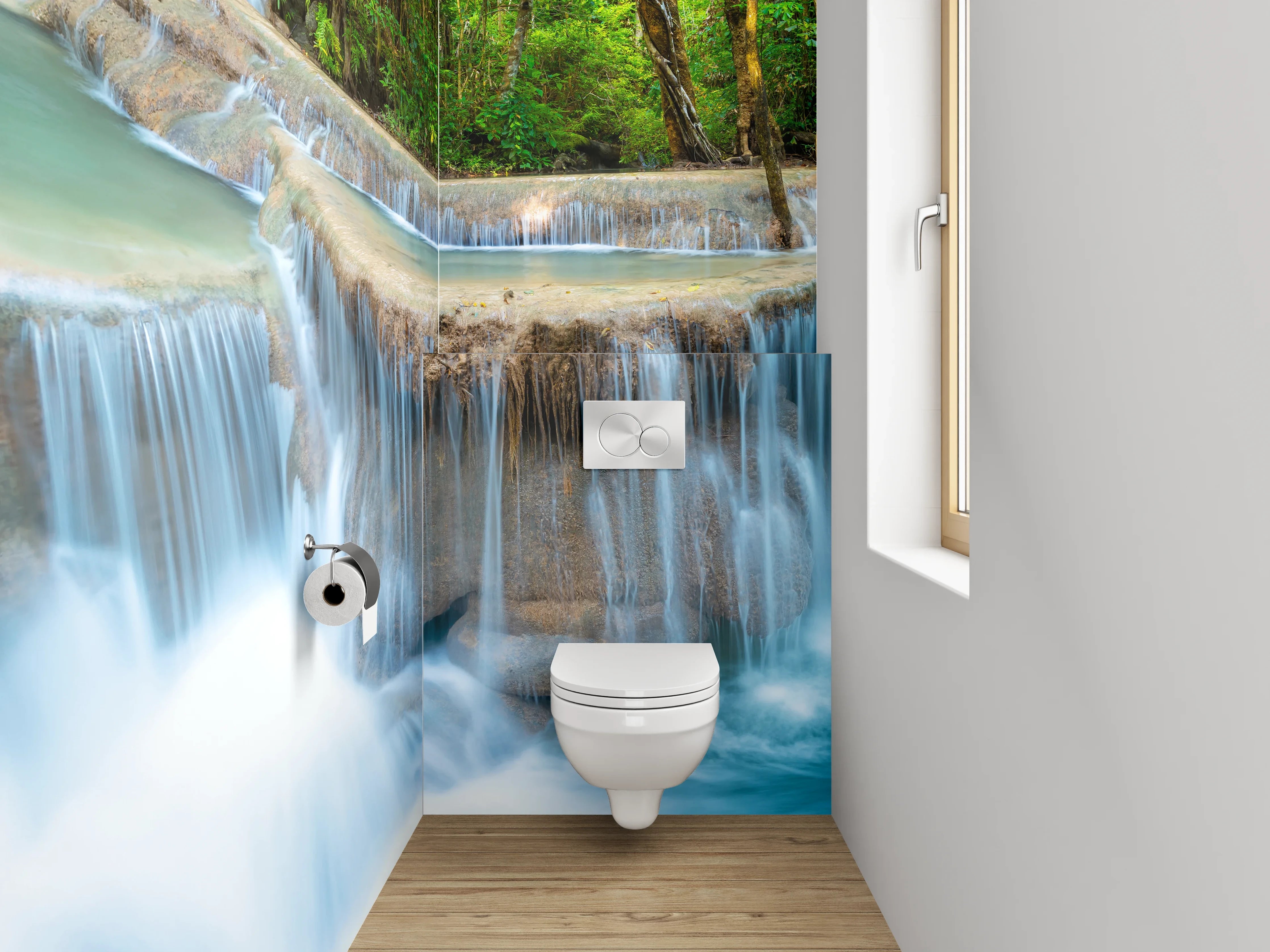 WC-Rückwand - Nebelgraue Wasserfälle im weißen Urwald